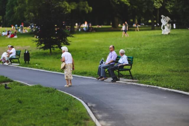 dwóch starszych mężczyzn siedzących na ławce w parku obserwuje otoczenie oraz letnio ubraną kobietę o siwych włosach która nosi jasną torebkę w jednej ręce a na drugiej ręce jest Opaska SOS dla seniora
