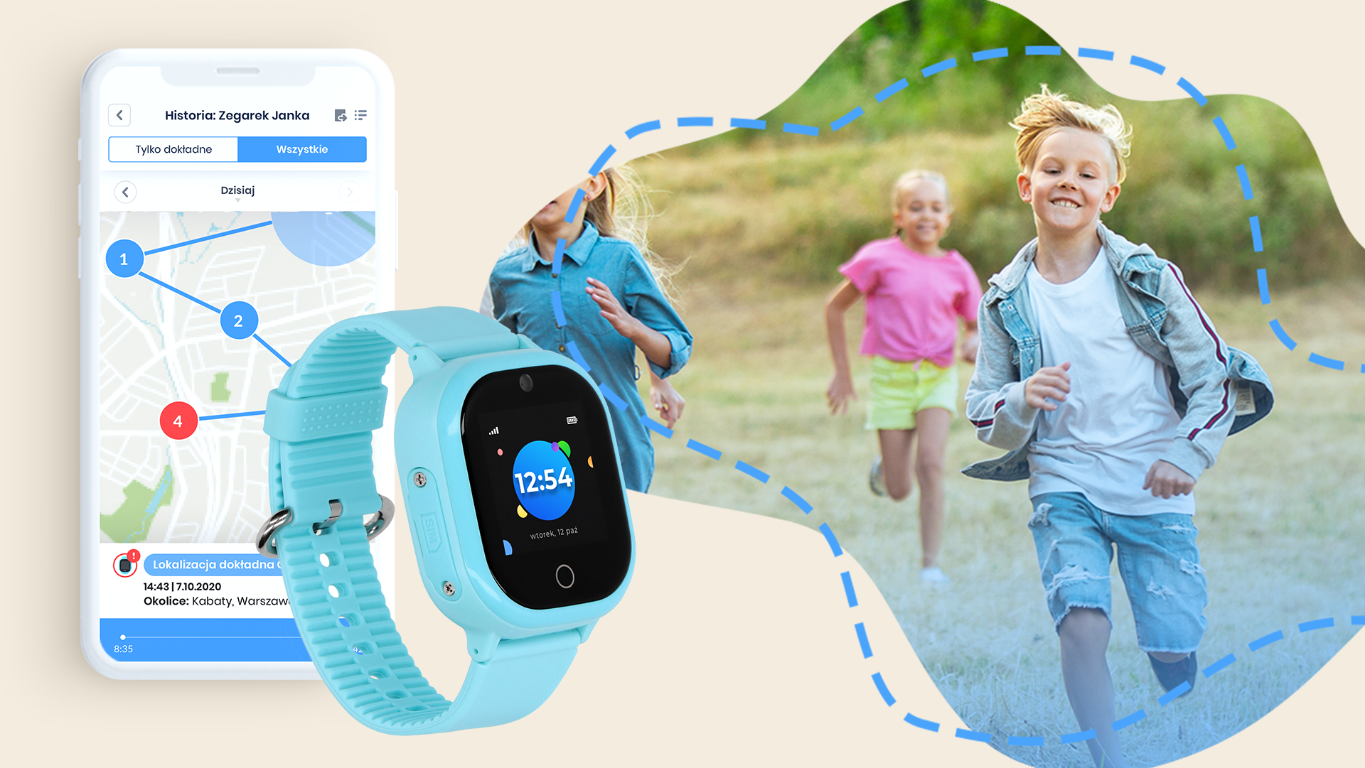 Biegnący po łące chłopiec z zegarkiem GPS LocoWatch Lite