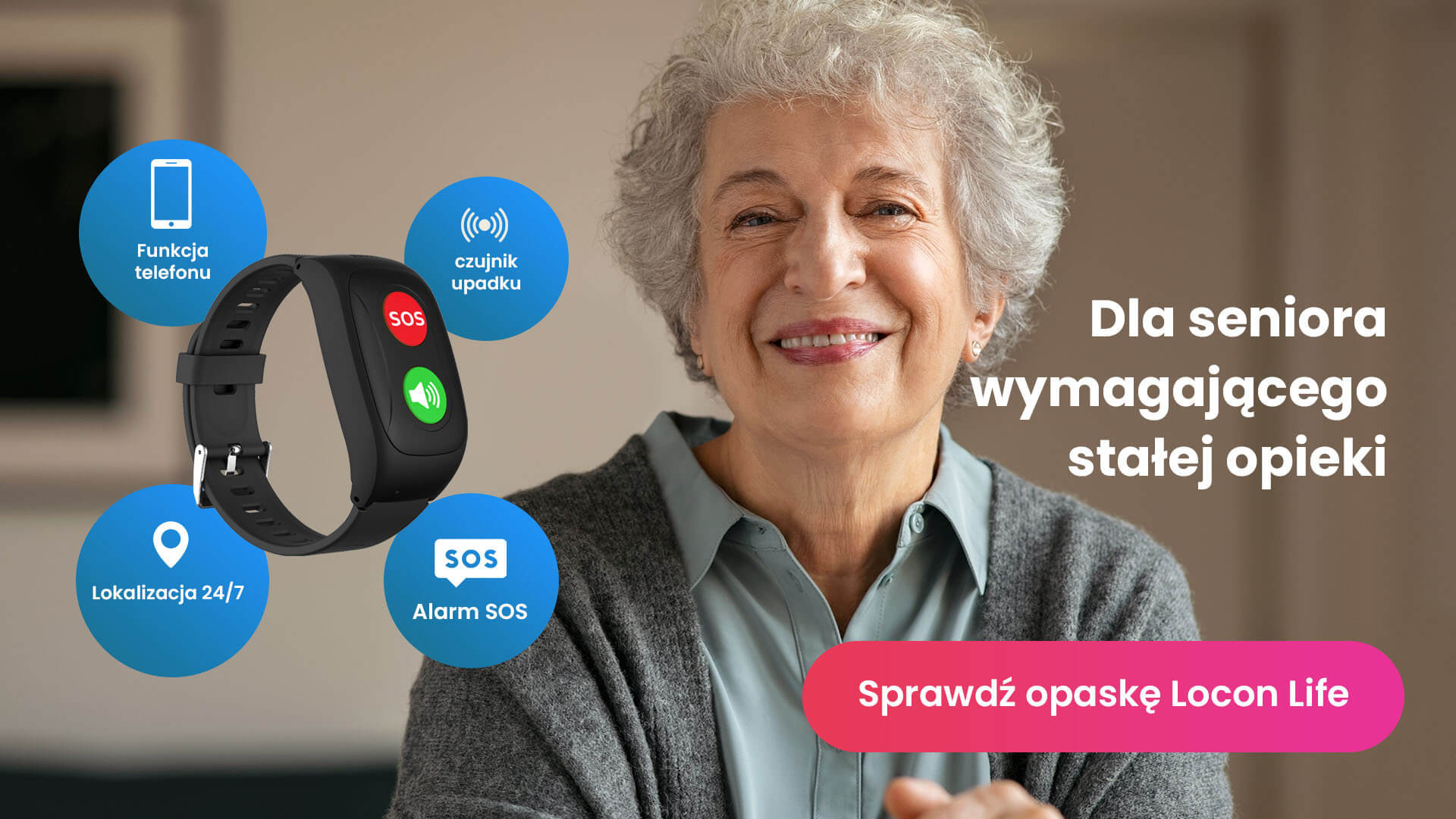 Top 10 prezentów pod choinkę dla babci, czyli starsza kobieta w siwych włosach z opaska SOS Locon Life