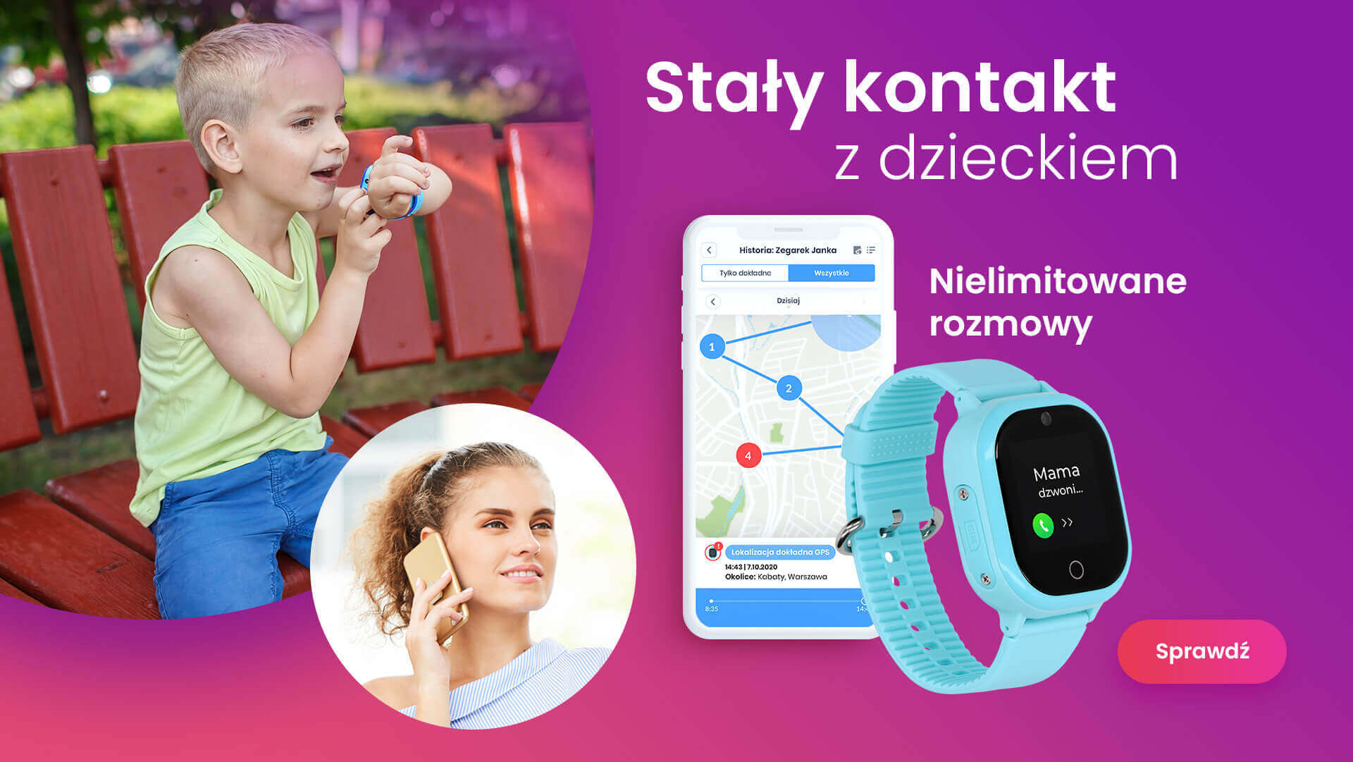 Top 5 powodów, dla których dziecko powinno mieć smartwatch, czyli kilkuletni chłopiec ubrany w koszulkę i krótkie spodenki, siedzący na ławce na placu zabaw i rozmawiający przez smartwatch LocoWatch Lite