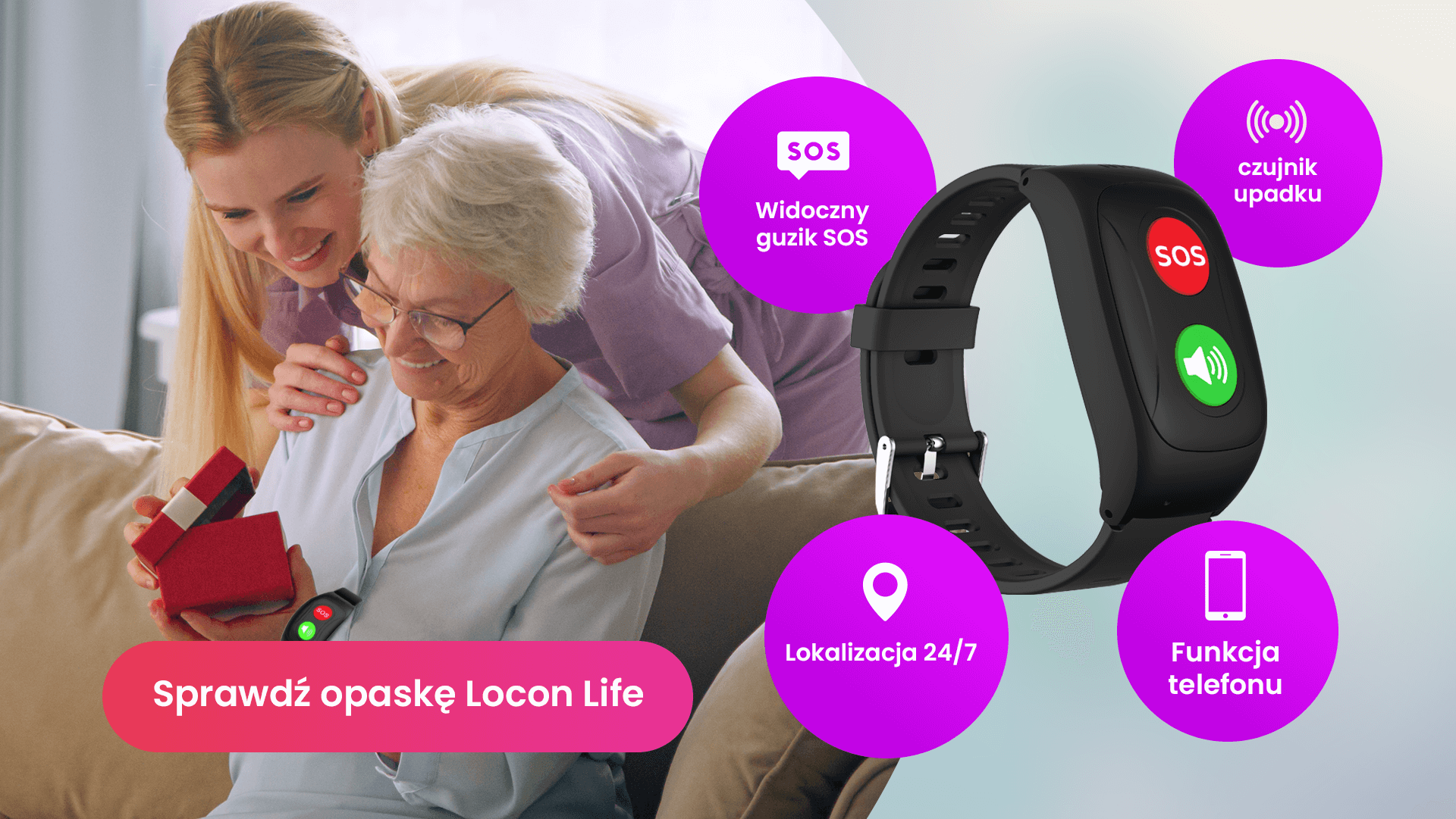 Babcia otrzymująca od wnuczki opaskę Locon Life w prezencie