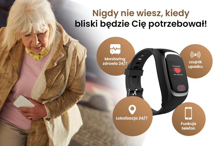 Choroby wieku starczego, na co najczęściej chorują seniorzy, czyli starsza pani z zegarkiem GPS dla seniora mdlejąca na ulicy