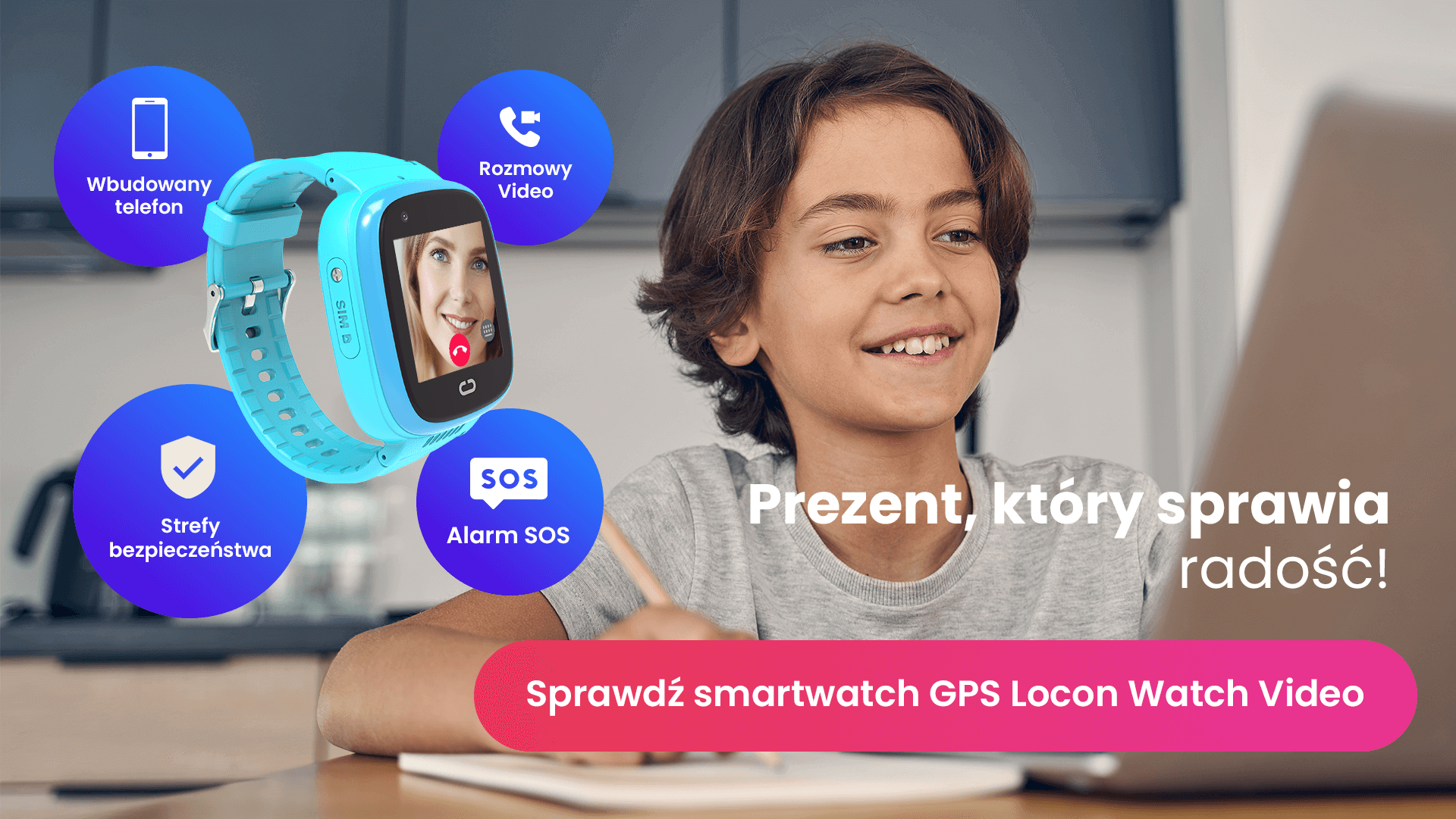 Co to są strefy bezpieczeństwa w aplikacji Bezpieczna Rodzina, czyli kilkuletni chłopiec siedzący bezpiecznie w domu i zegarek GPS dla dziecka Locon Watch Video