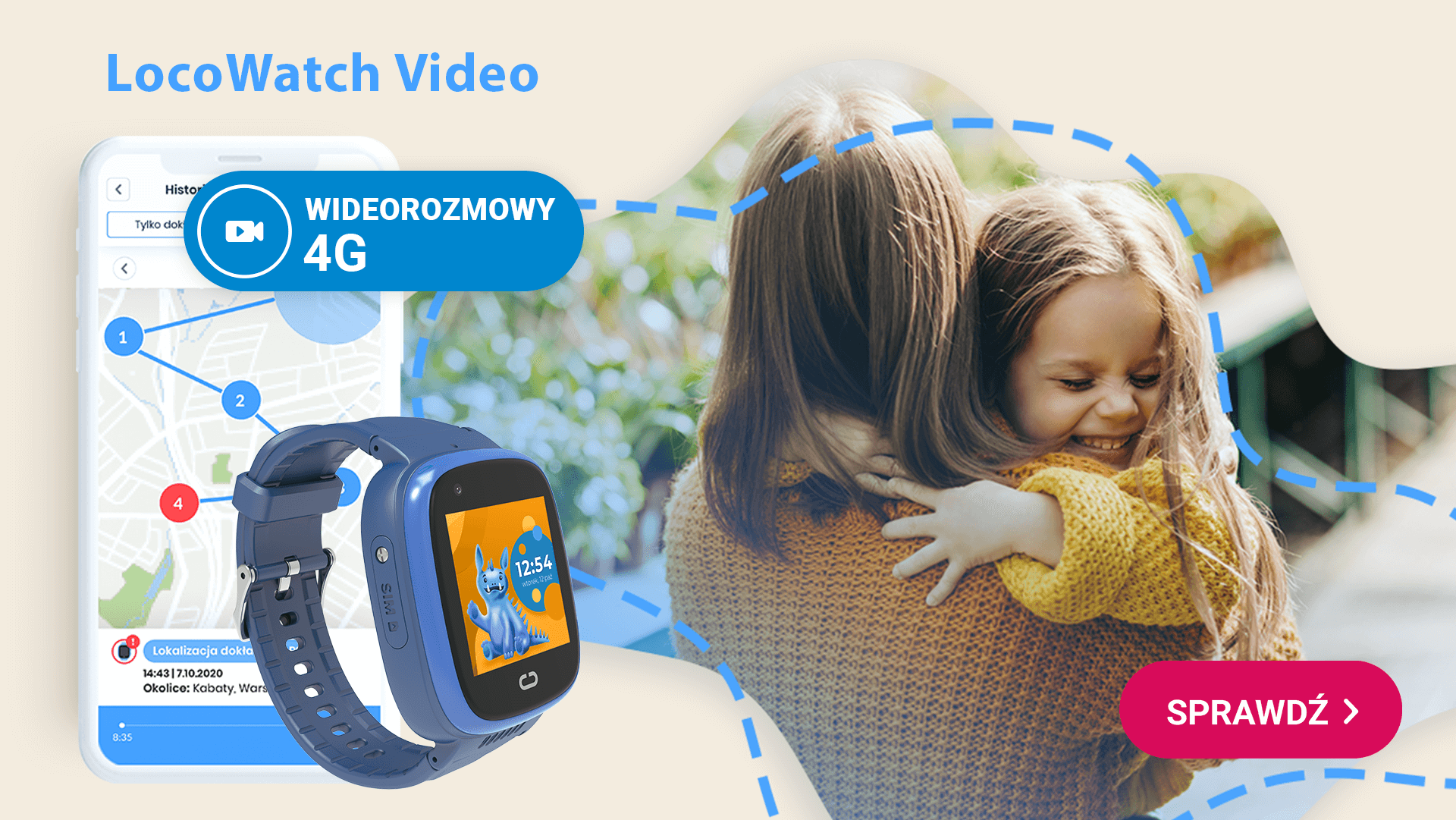 Dziewczynka przytulająca swoją mamę oraz widok smartwatcha GPS dla dzieci LocoWatch Video