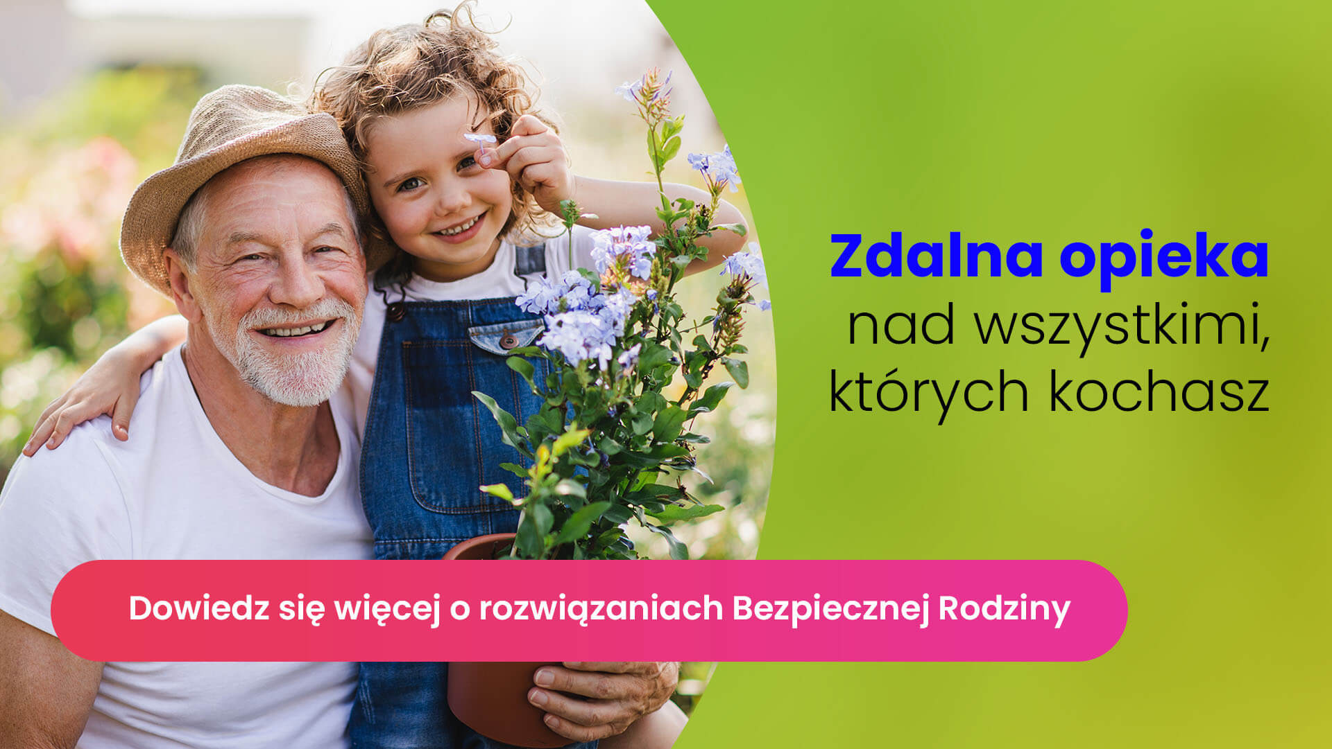 Starszy mężczyzna o siwych włosach, z kapeluszem na głowie, przytulający swoją kilkuletnią wnuczkę