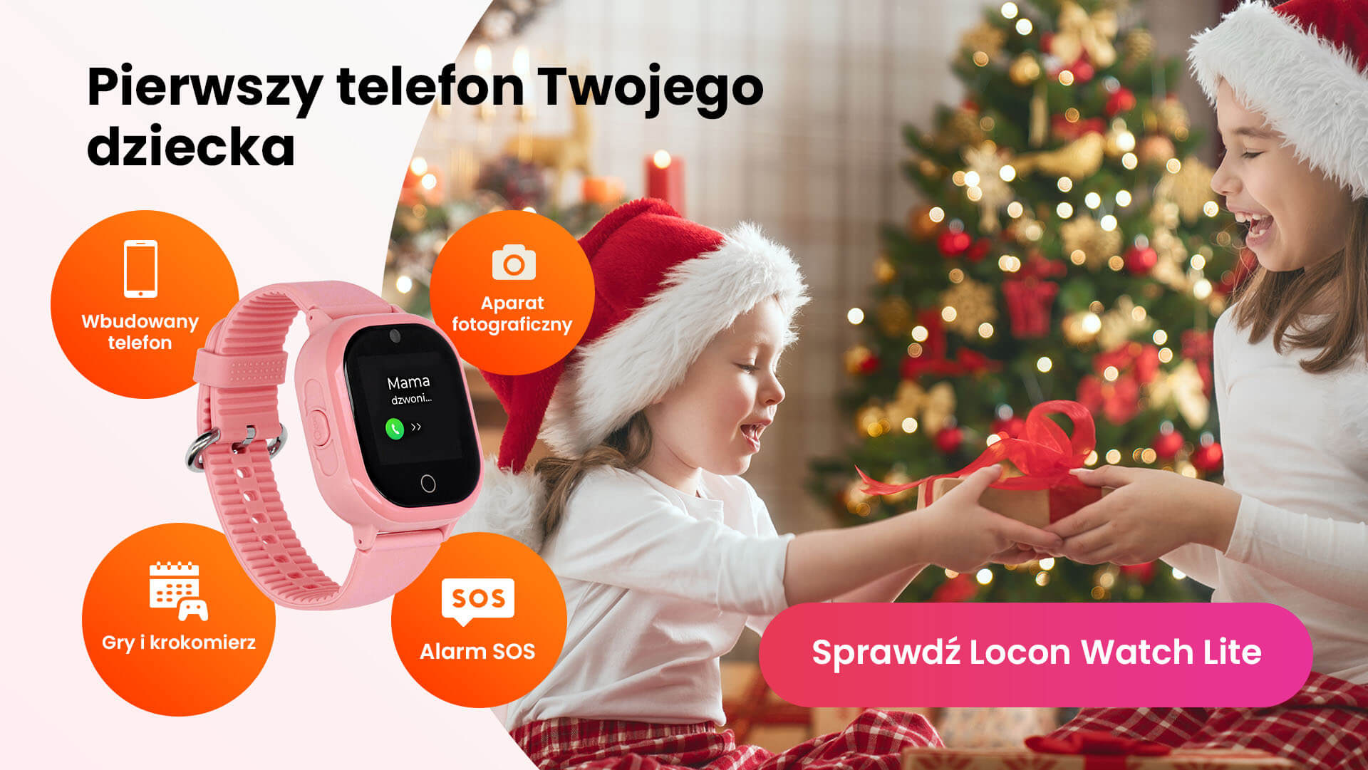 Dwie dziewczynki cieszące się z prezentów świątecznych oraz zegarek GPS Locon Watch Lite