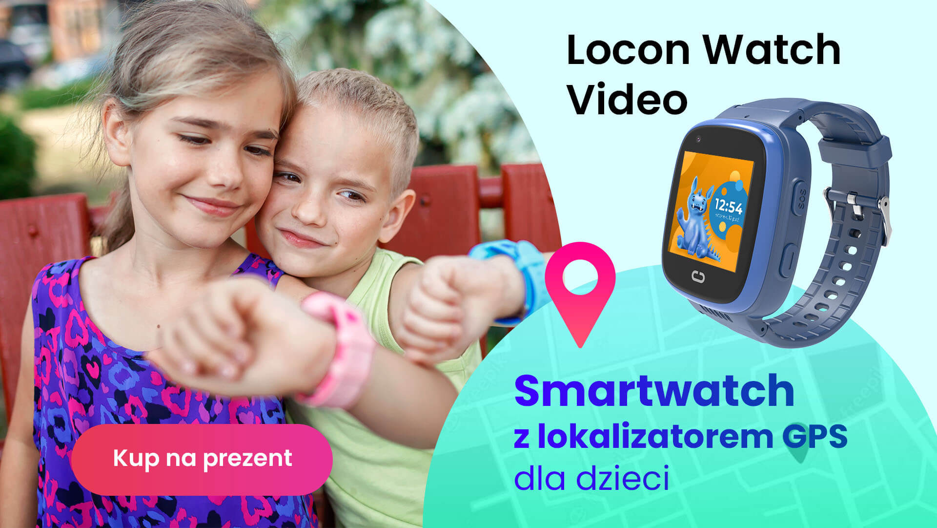 Chłopiec i dziewczynka siedzący w parku na ławce i patrzący na swoje smartwatche GPS Locon Watch Video