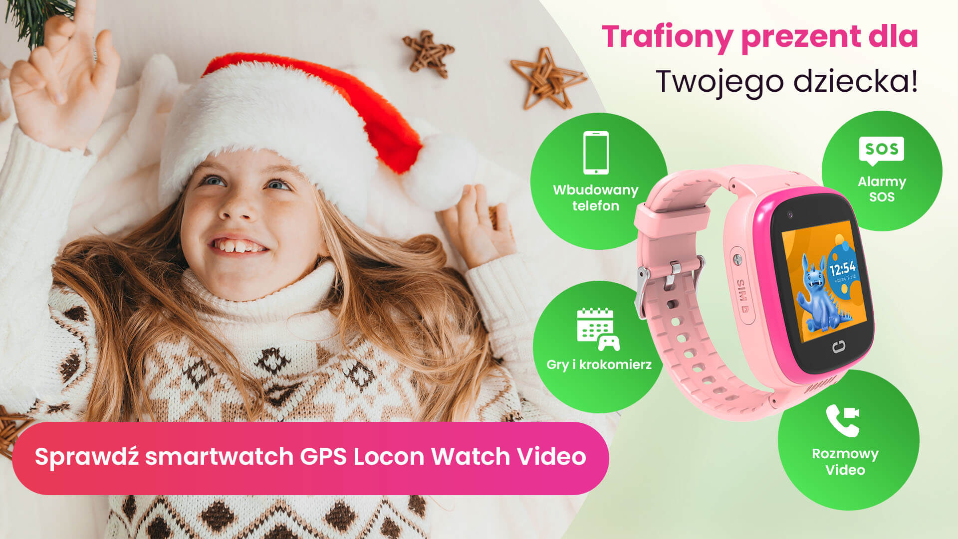 Dziewczynka ubrana na biało, w czapce Mikołaja na głowie i różowy smartwatch GPS dla dzieci Locon Watch Video