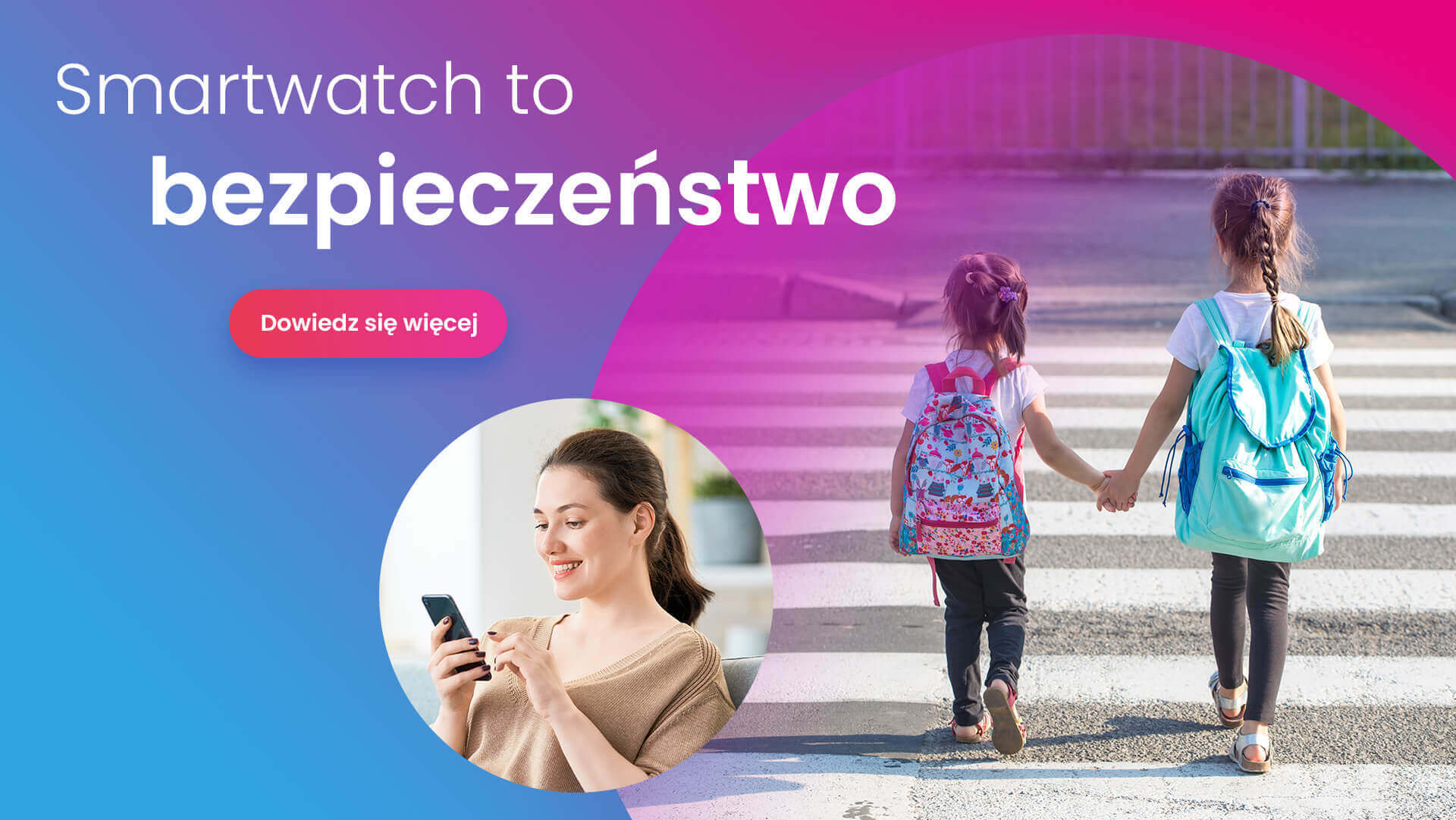 Dwie dziewczynki idące do szkoły i mama lokalizująca je przez telefon