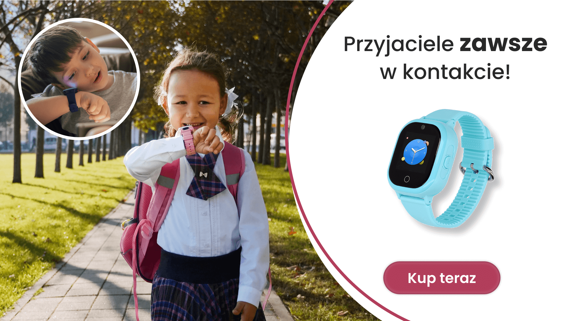 Funkcja Przyjaciel w smartwatchu GPS dla dzieci Locon Watch Lite czyli kilkuletnia dziewczynka idąca do szkoły, rozmawiająca przez zegarek ze swoim kolegą