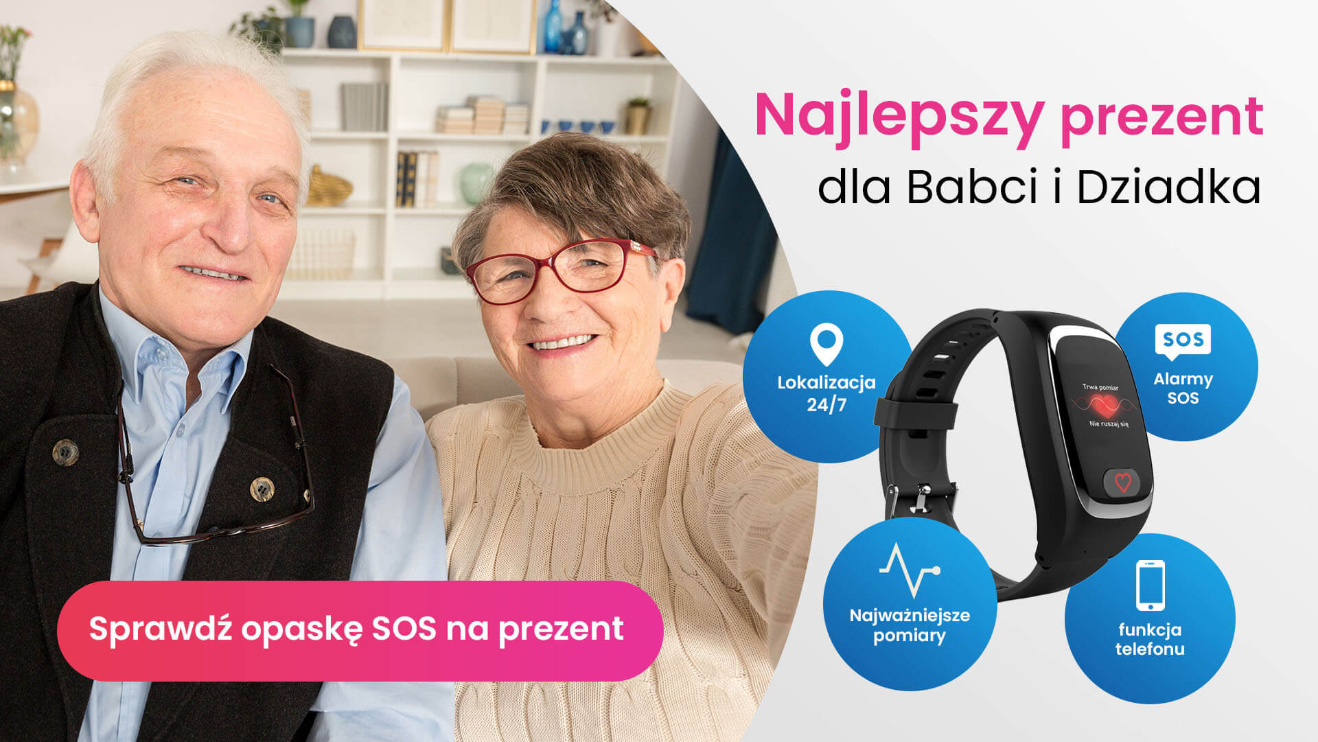 Dwoje seniorów uśmiechających się do telefonu oraz opaska SOS Locon Life Plus z funkcjami takimi jak pomiar saturacji, temperatury, ciśnienia i tętna oraz wbudowanym telefonem i przyciskiem SOS