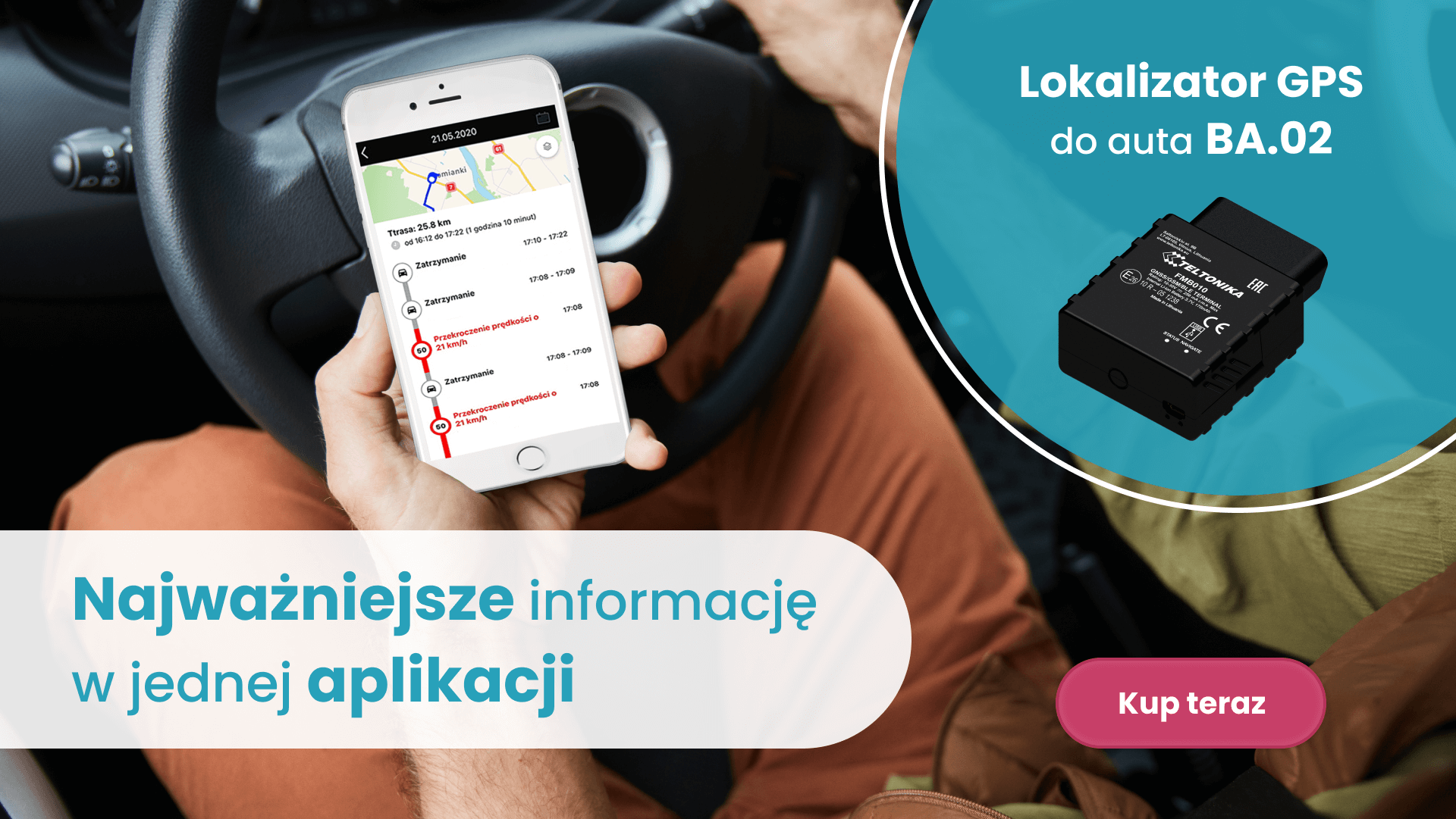 Instrukcja obsługi lokalizatora GPS do auta BA.02 czyli lokalizator i widok aplikacji Gdzie Jest Auto na telefonie siedzącego w samochodzie mężczyzny