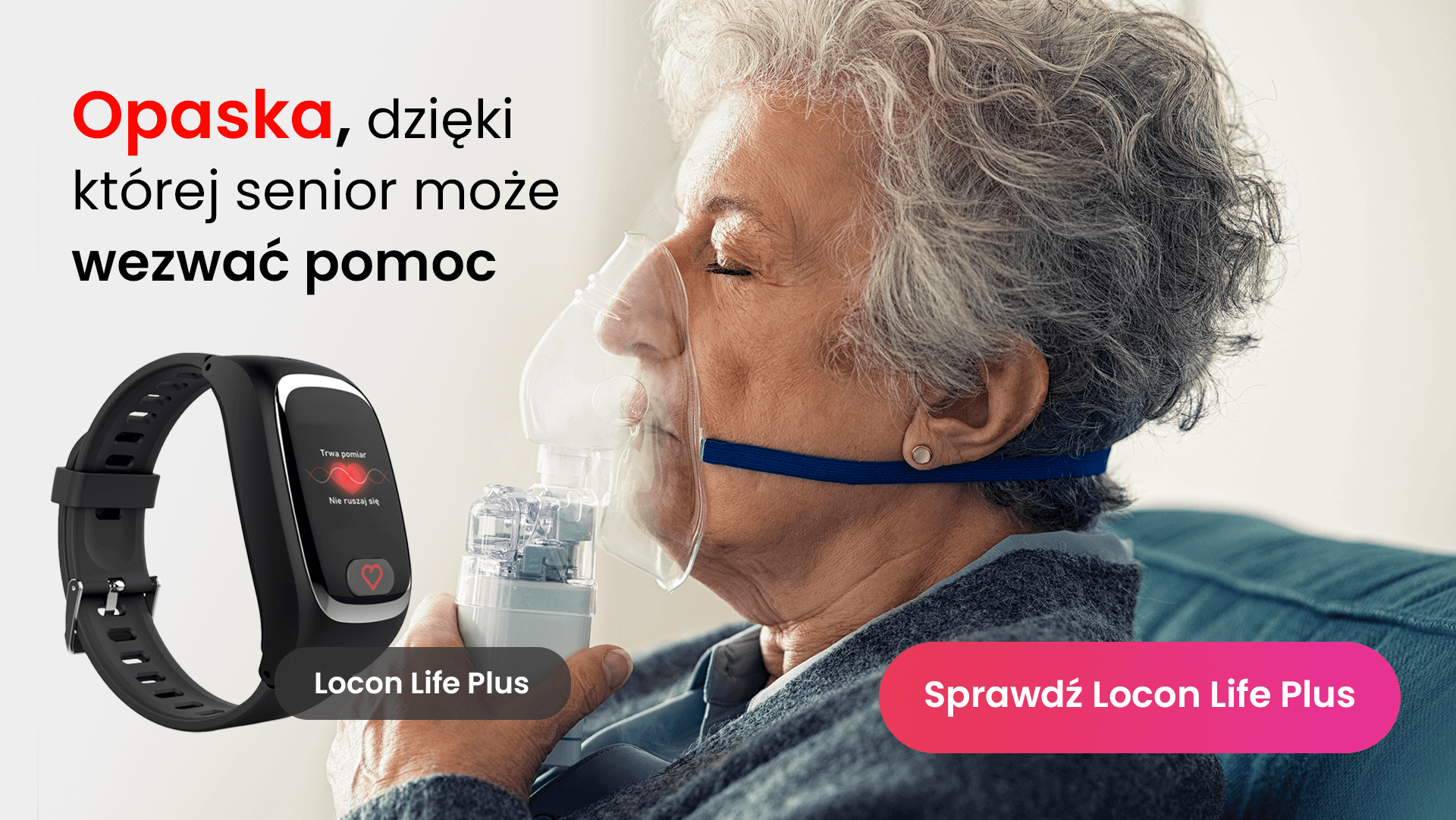 Jak działa alarm w opasce SOS dla seniora, czyli starsza kobieta inhalująca się podczas przeziębienia i widok opaski SOS dla seniora Locon Life Plus