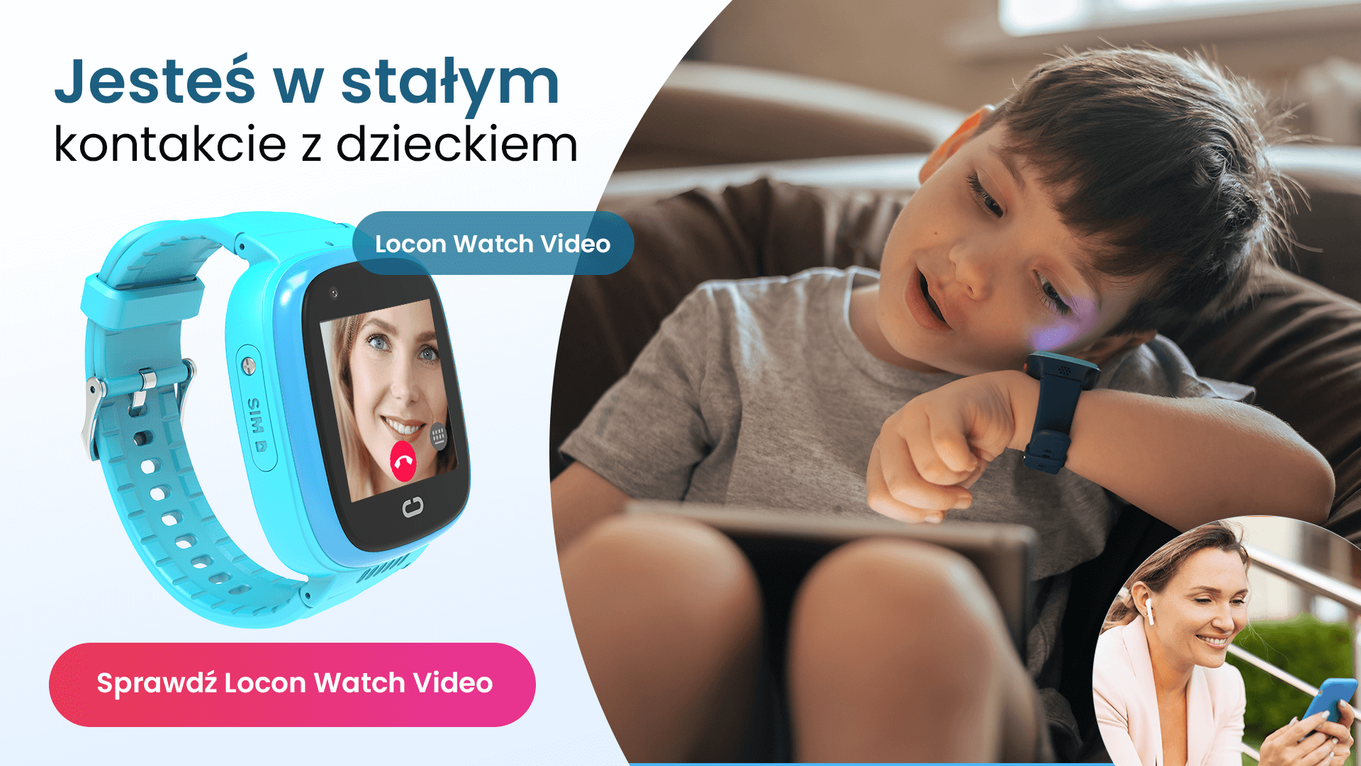 Jak działa telefon w zegarku GPS dla dziecka, czyli chłopiec rozmawiający przez smartwatch Locon Watch Video ze swoją mamą