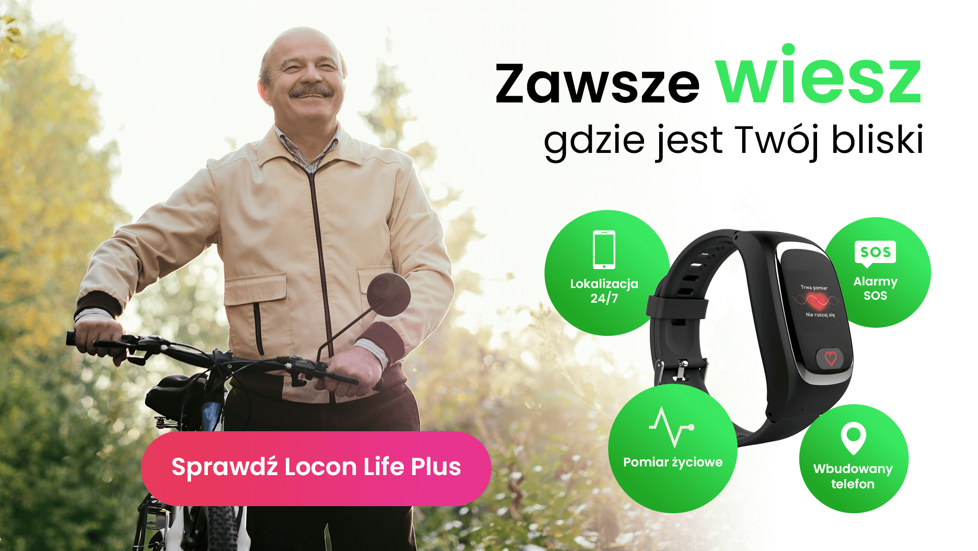 Jak sprawdzić gdzie jest babcia lub dziadek, czyli starszy mężczyzna jadący na rowerze z opaską dla seniora Locon Life Plus