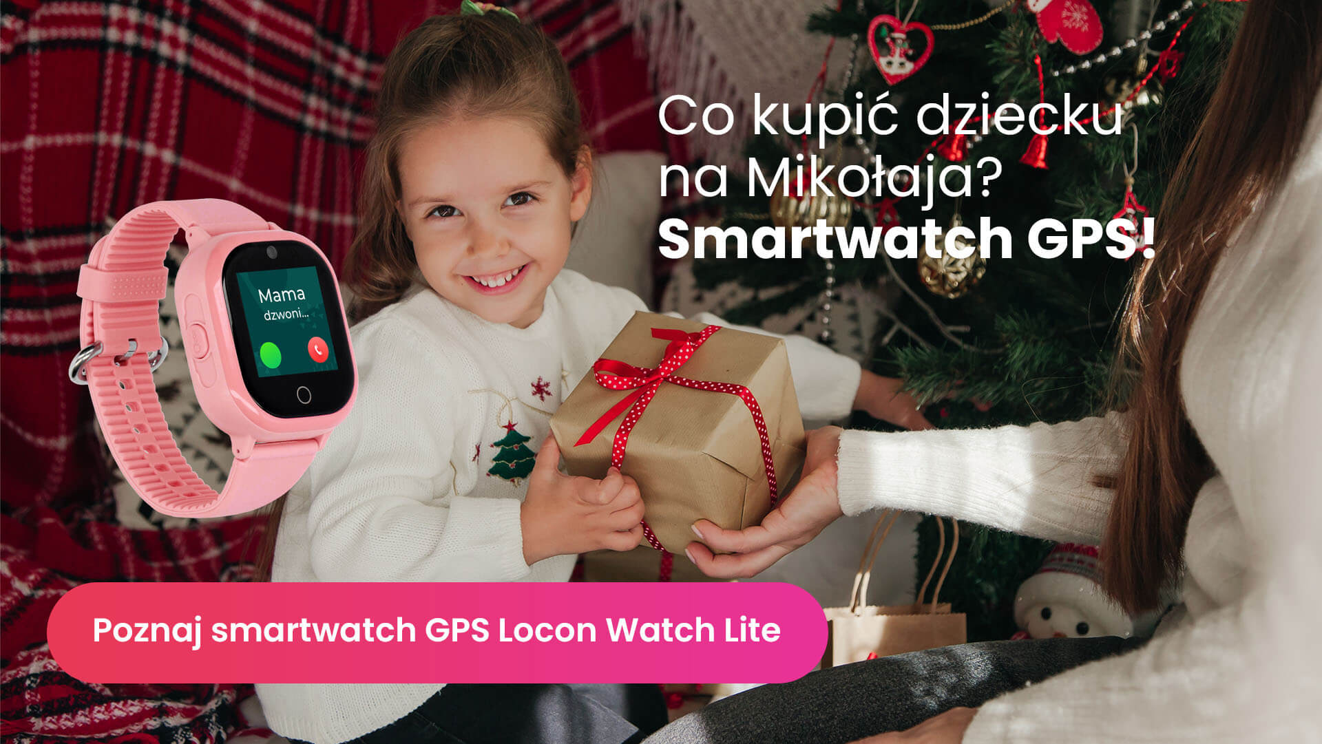 Kilkuletnia dziewczynka z prezentem i smartwatchem Locon Watch Lite S