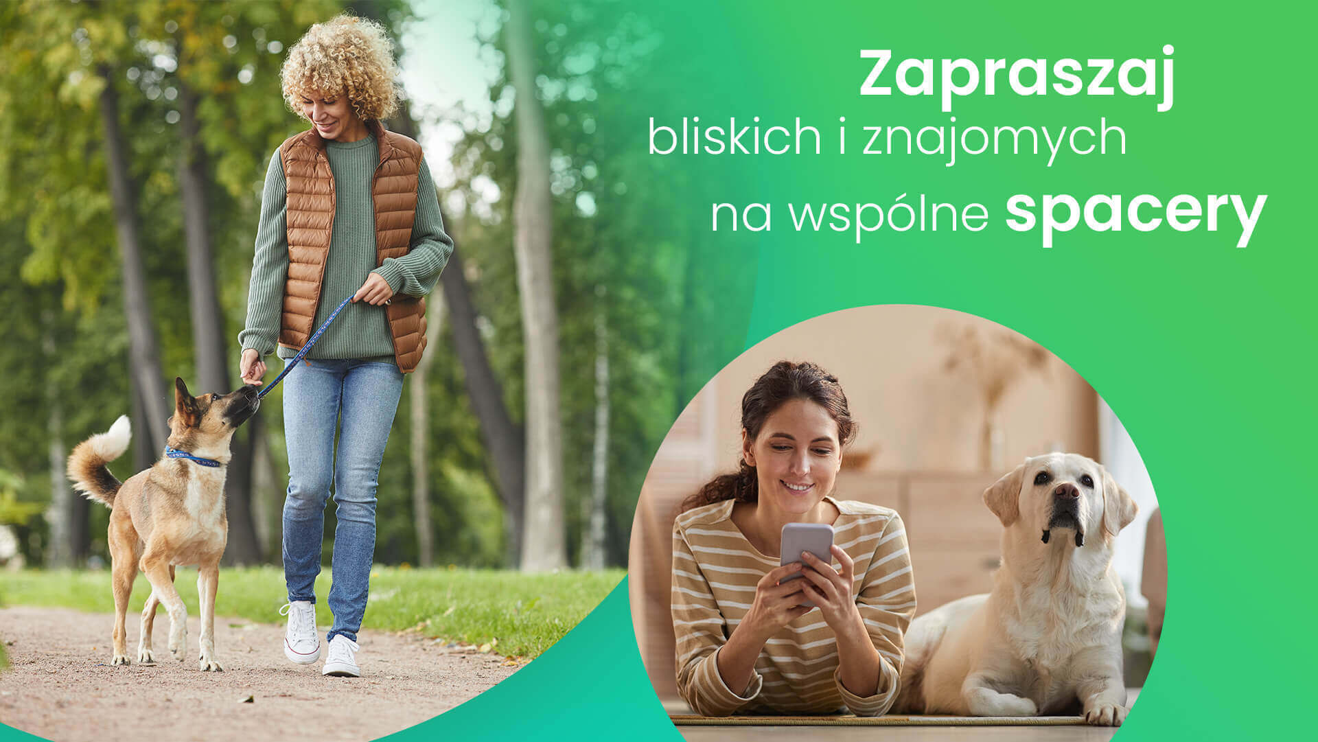 Młoda kobieta leżąca obok psa w domu, odbiera zaproszenie na spacer od koleżanki spacerującej po parku ze swoim zwierzakiem