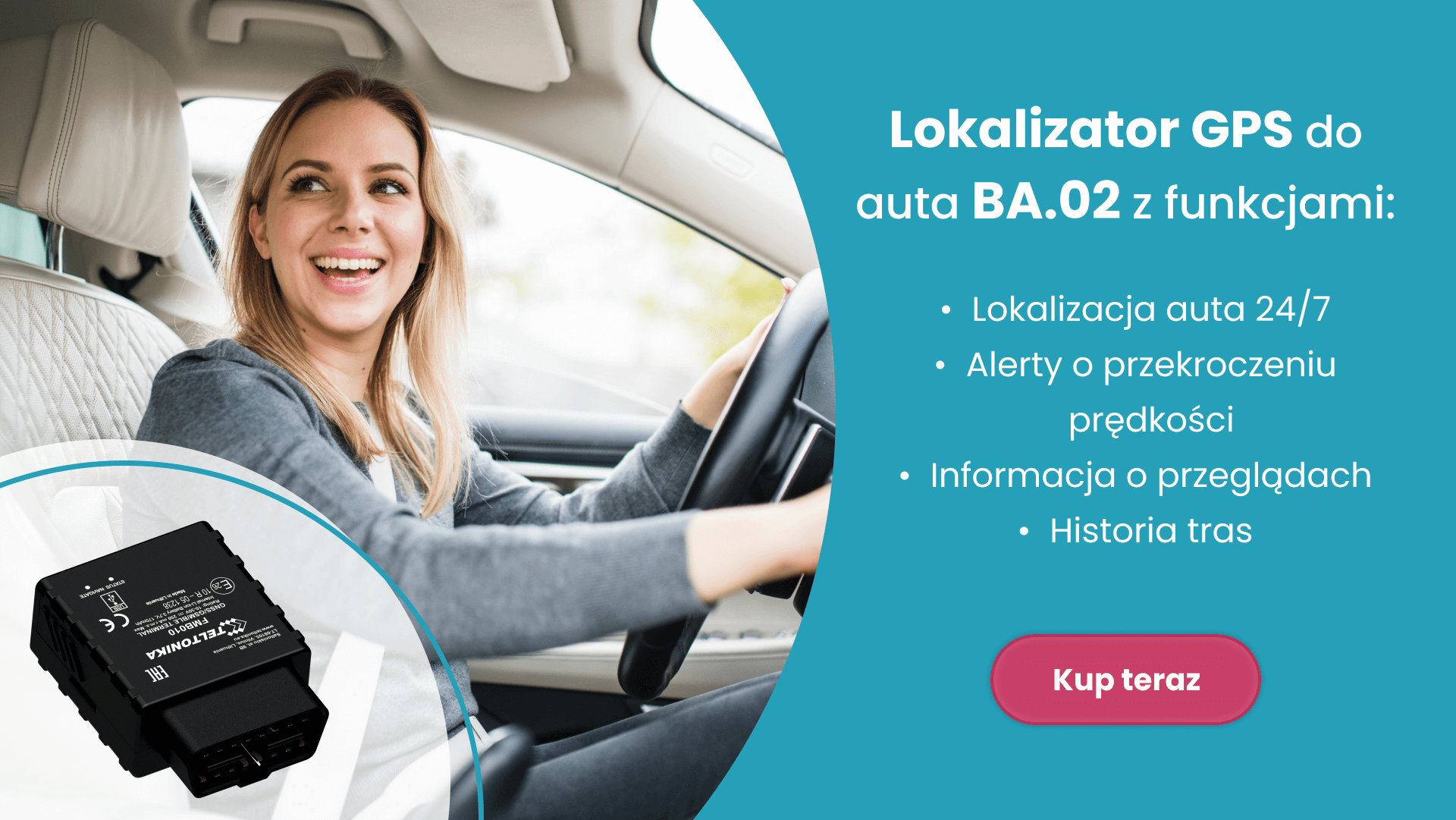 Młoda kobieta w blond włosach w samochodzie z lokalizatorem GPS BA.02