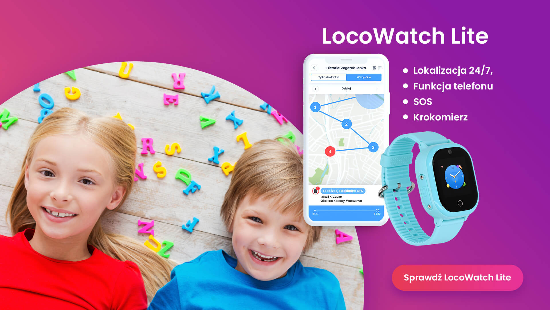 Dwoje dzieci leżących przy rozrzuconych zabawkach oraz widok zegarka GPS od Bezpiecznej Rodziny LocoWatch Lite