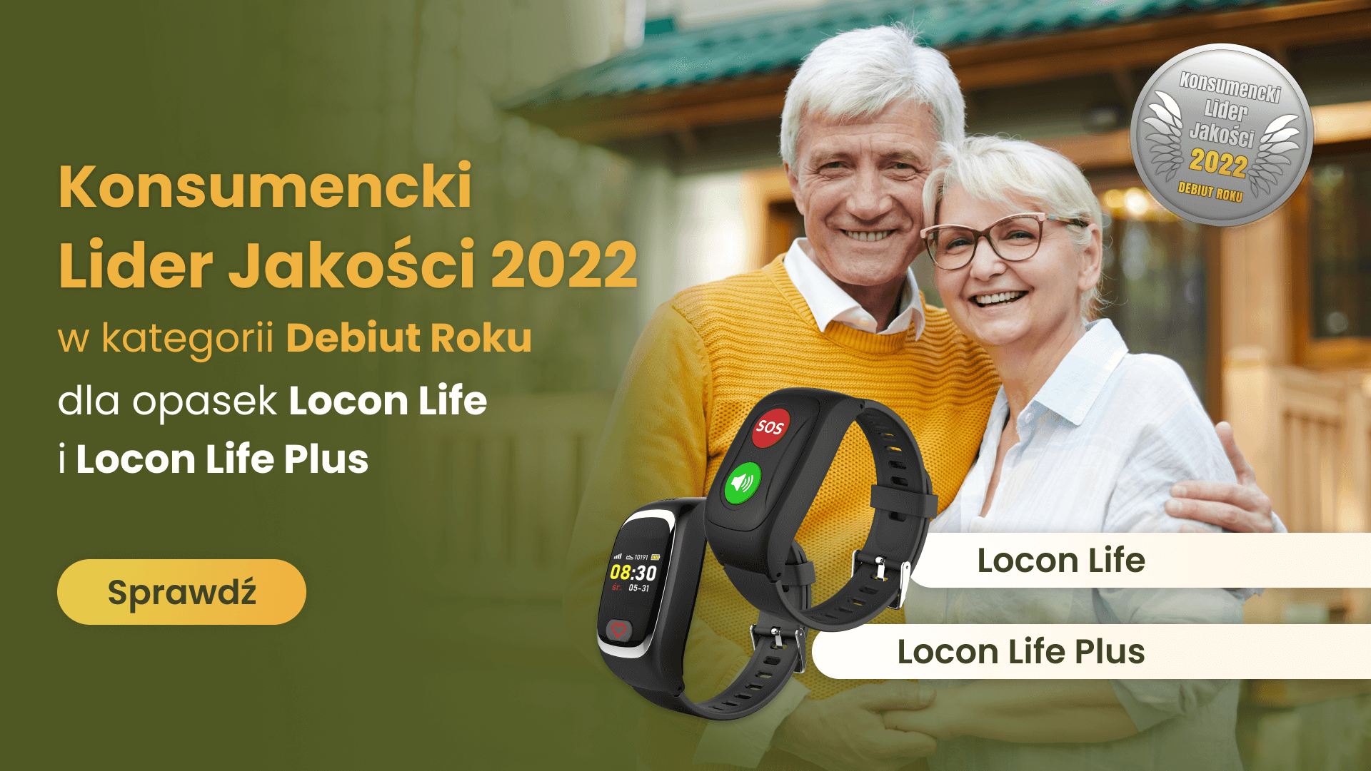 Seniorzy z opaskami SOS Locon Life i Locon Life Plus, które otrzymały nagrodę Konsumencki Lider Jakości w kategorii Debiut Roku 2022