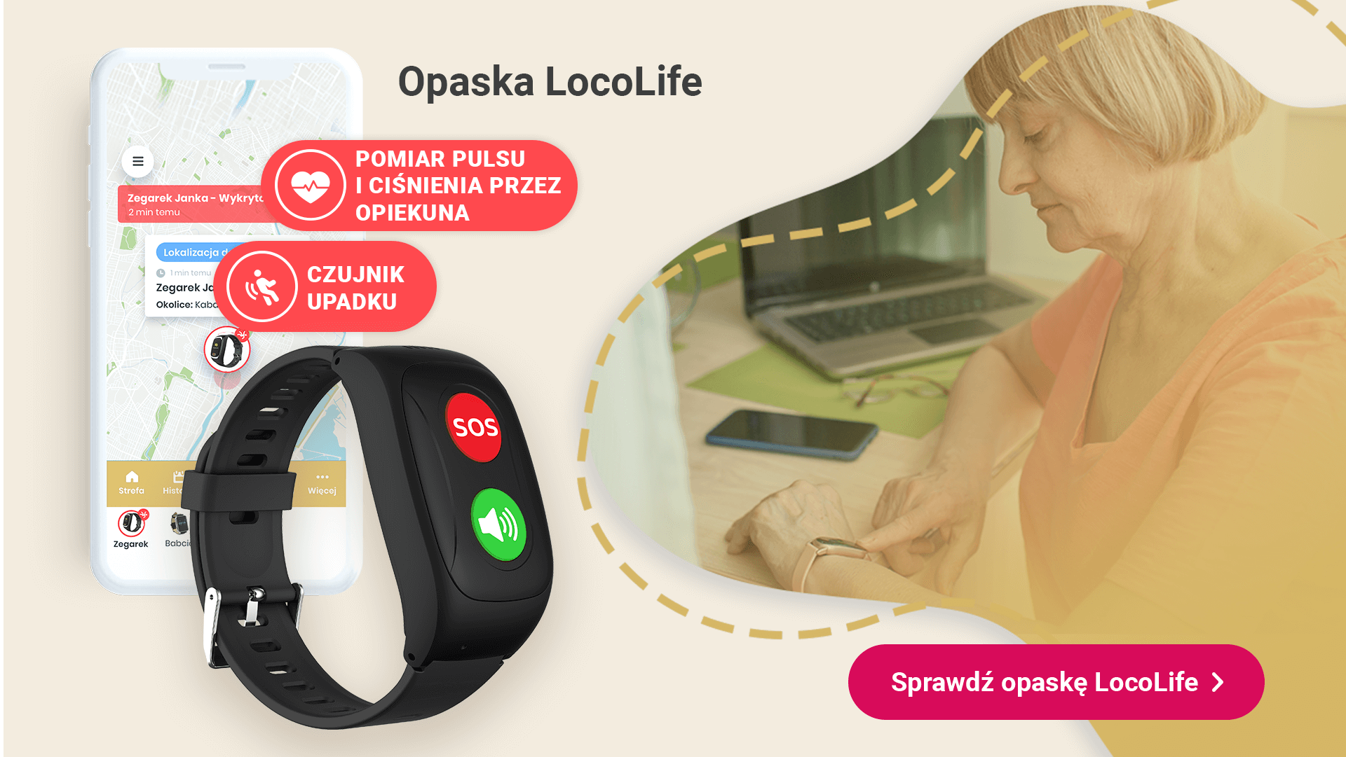 Opaska SOS LocoLife z wypisanymi najważniejszymi funkcjami: czujnikiem upadku i pomiarów pulsu i ciśnienia