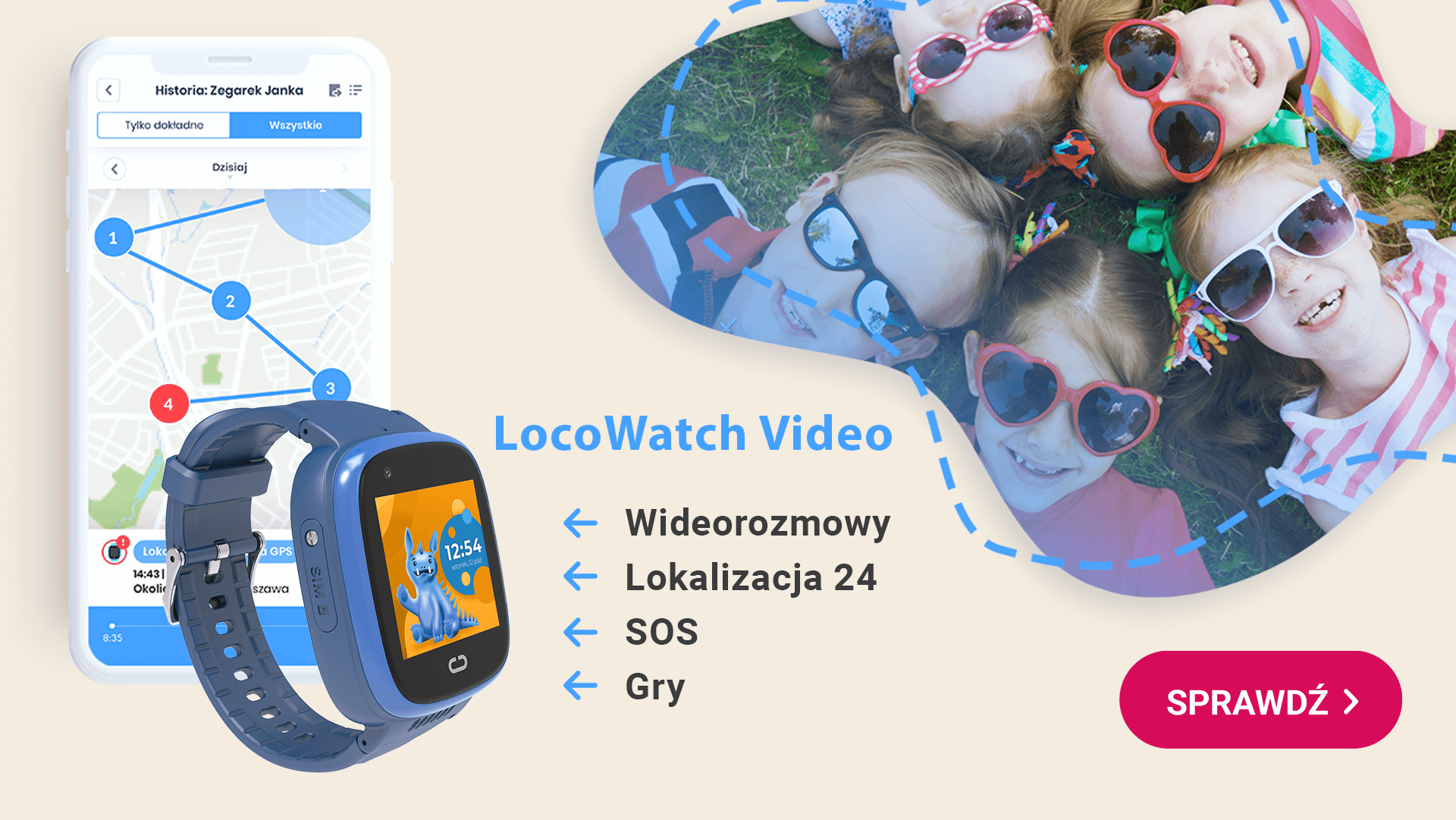 Dzieci leżące na trawie w kolorowych okularach i zegarek GPS LocoWatch Video z wypisanymi zaletami