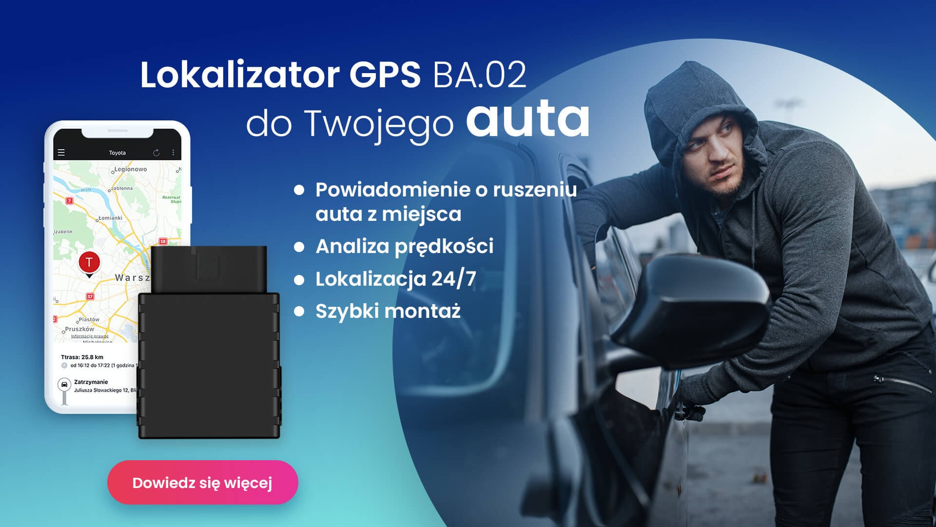 Lokalizator GPS do samochodu BA.02 i złodziej, który próbuje się włamać do auta