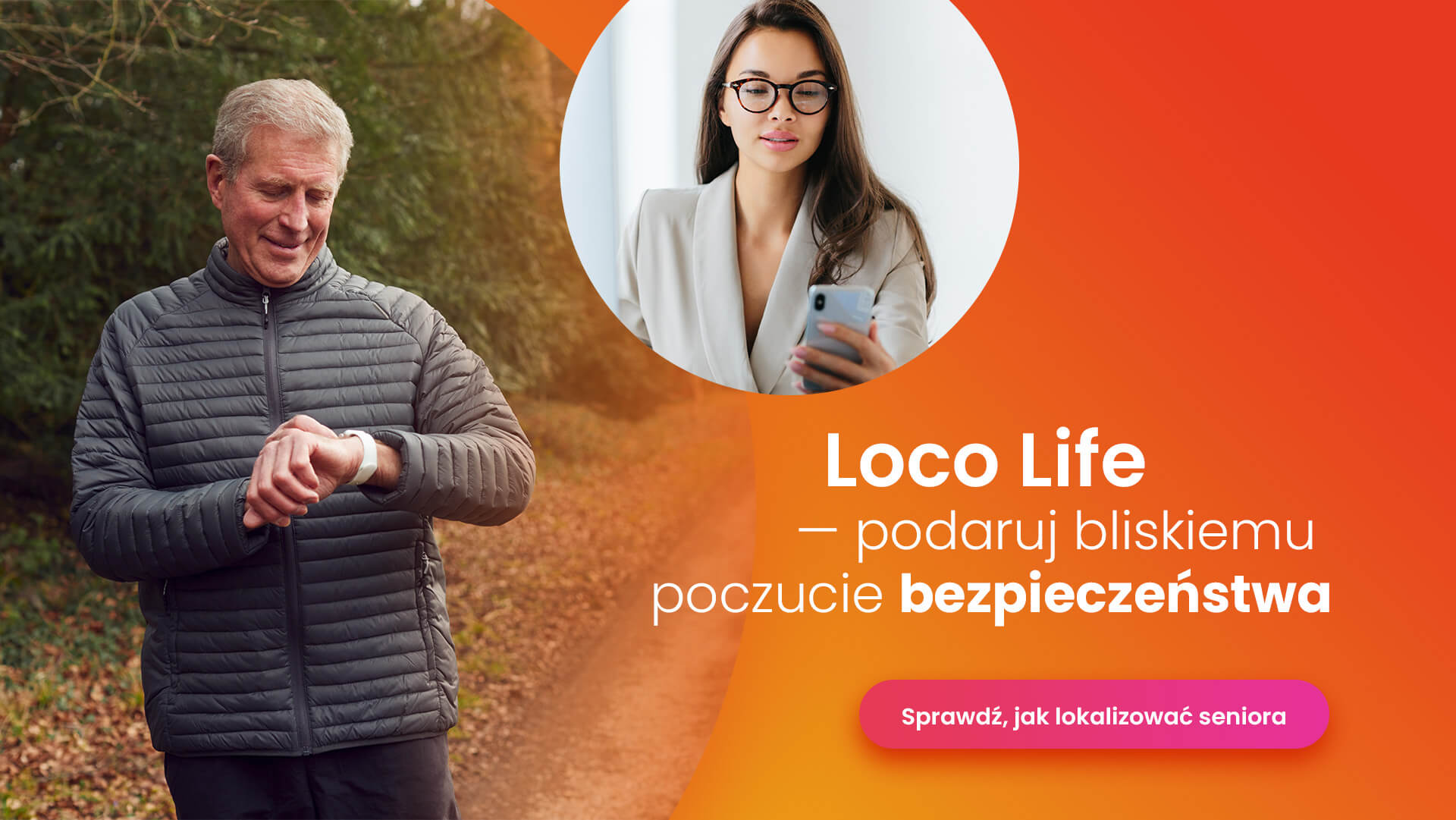 Młoda kobieta lokalizująca swojego dziadka przebywającego na spacerze przy pomocy aplikacji Bezpieczna Rodzina