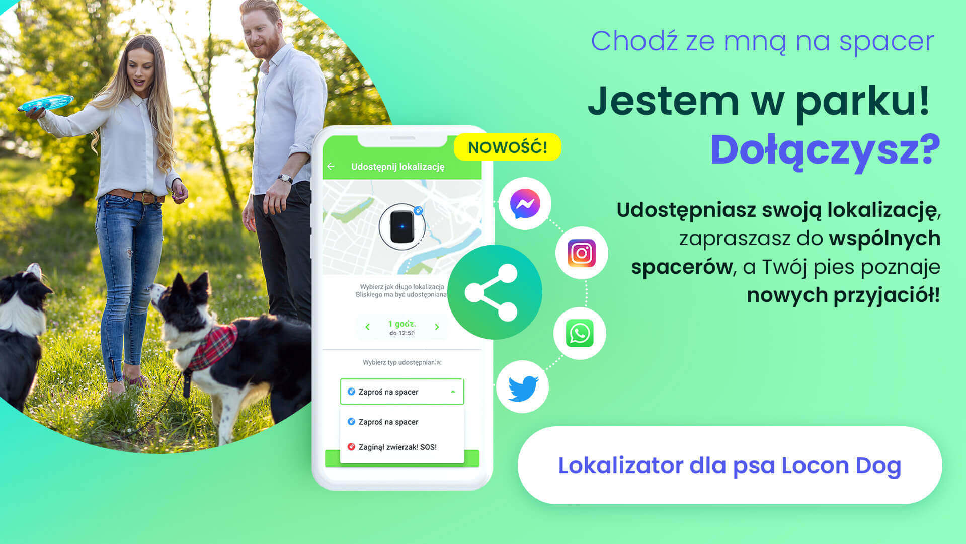 Mężczyzna i kobieta spotykający się na polanie podczas spaceru ze swoimi psami oraz nowa funkcja w aplikacji Bezpieczna Rodzina, Zaproś na spacer z ikonami social media pokazującymi, że swoją lokalizację można udostępniać innym osobom na wiele sposobów