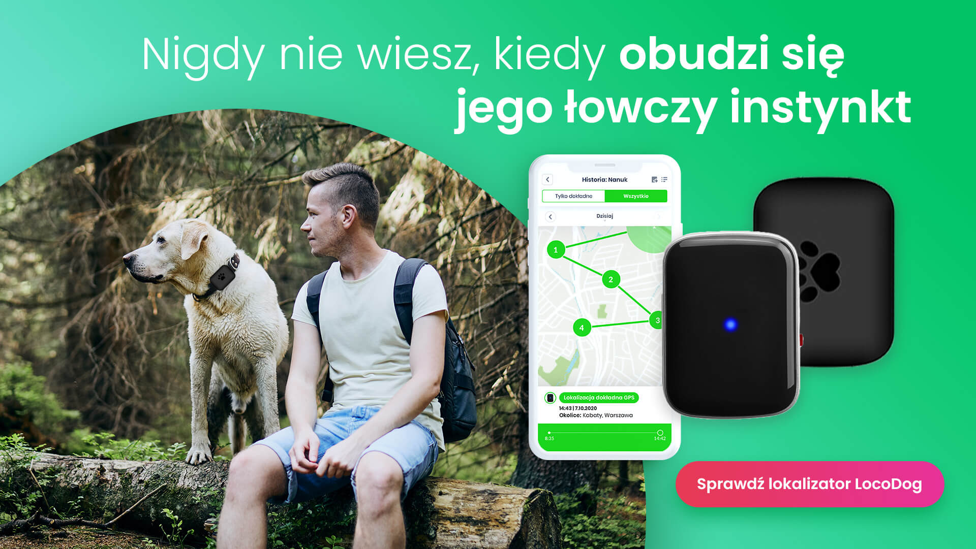 Obroża dla psa z nadajnikiem GPS dla zwierząt, czyli mężczyzna siedzący w lesie ze swoim psem podczas spaceru