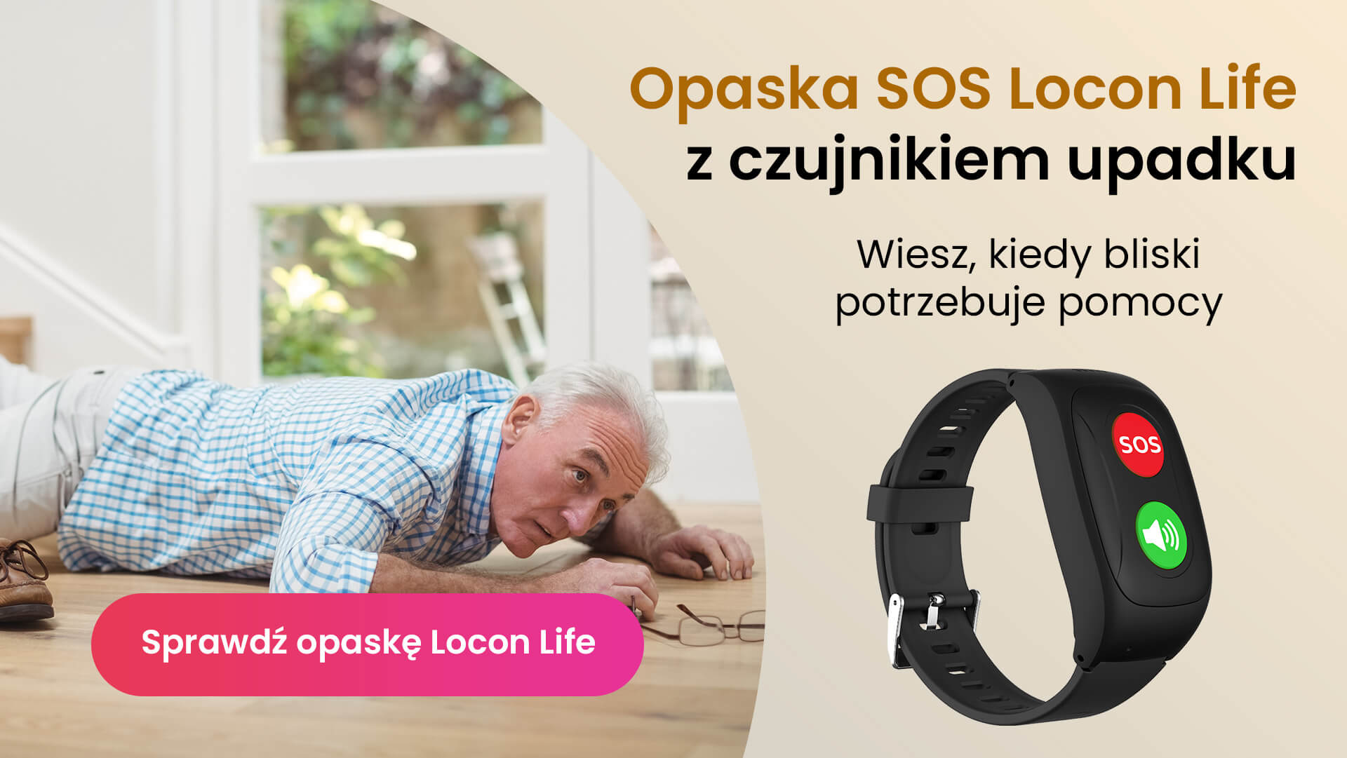 Opaska dla seniora z czujnikiem upadku czy warto, czyli starszy mężczyzna leżący na podłodze po upadku ze schodów
