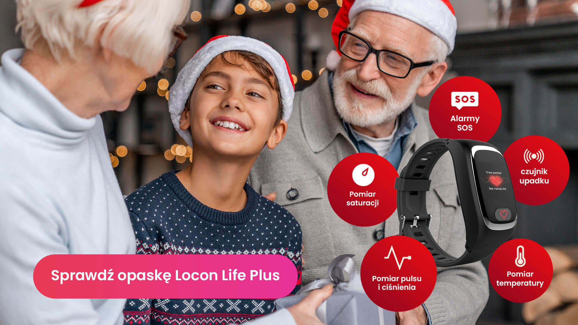 Dziadkowie z opaską Locon Life Plus siedzący obok kilkuletniego wnuczka