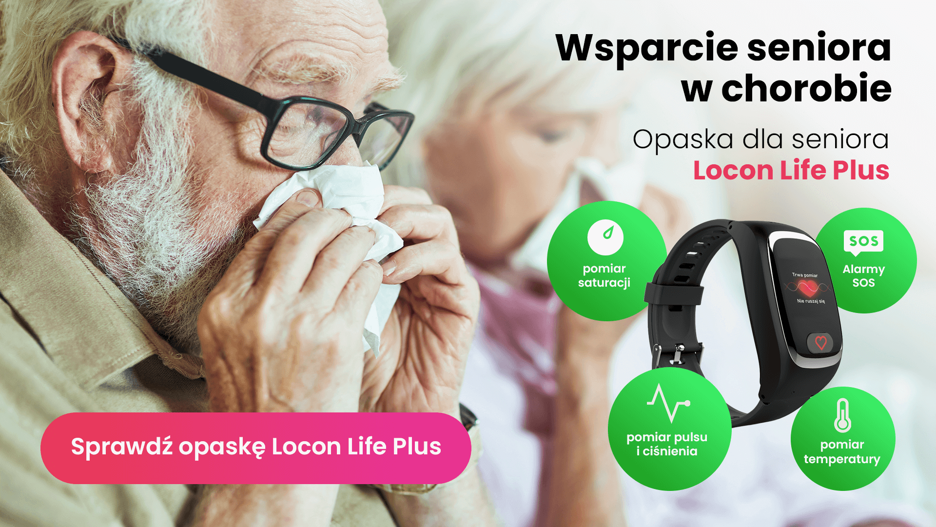 Przeziębieni seniorzy z chusteczkami i opaska Locon Life Plus