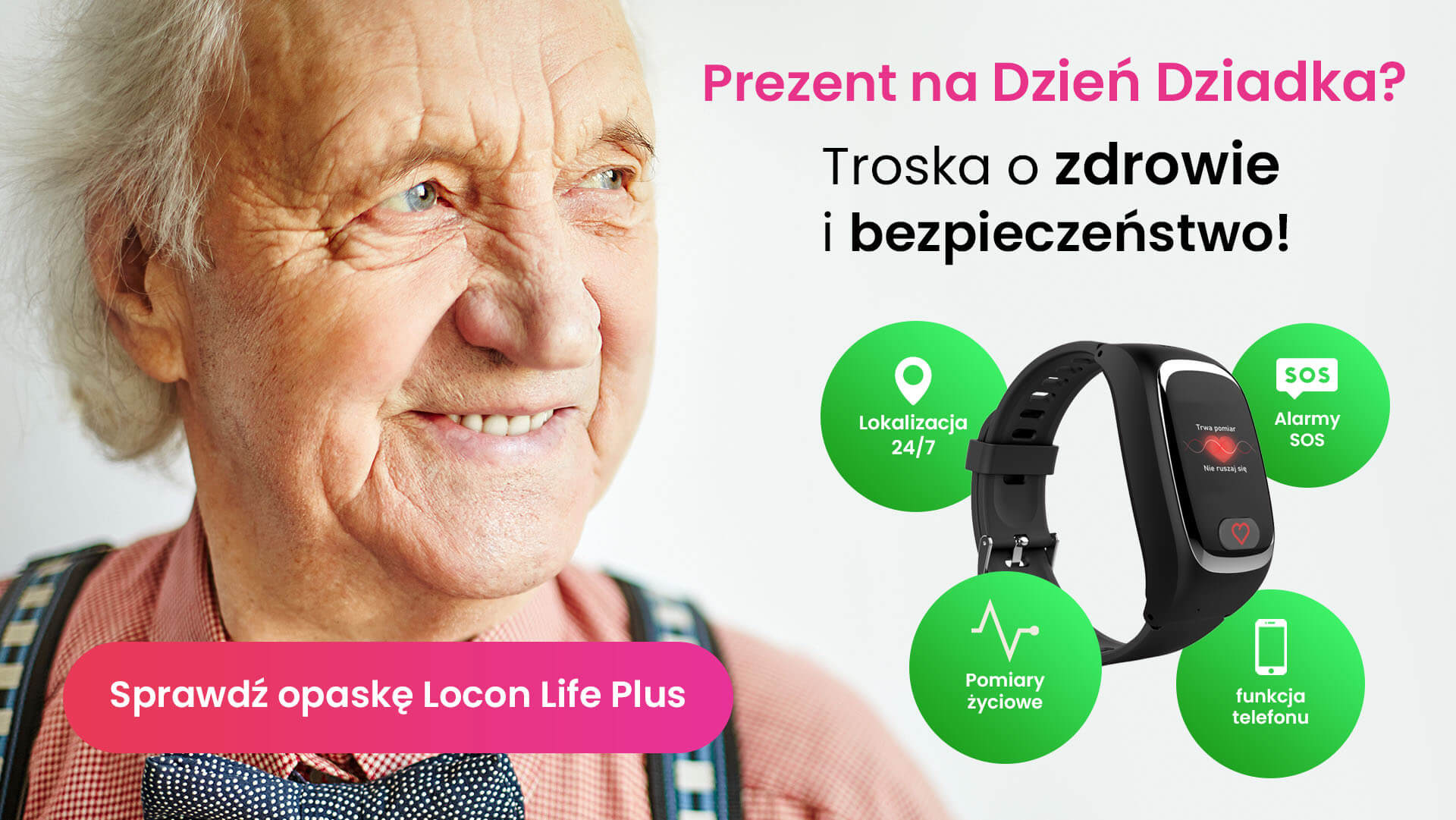 Starszy mężczyzna z opaską Locon Life Plus, która mierzy saturację, tętno, temperaturę i ciśnienie oraz wbudowanym telefonem i przyciskiem SOS