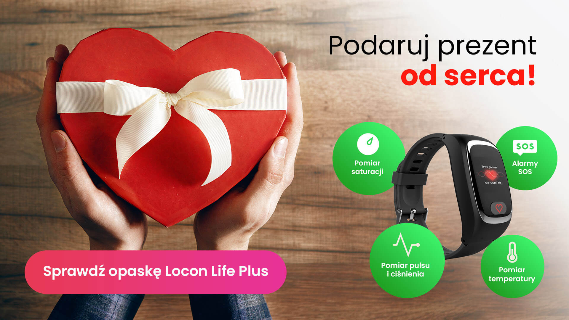 Czerwone pudełeczko w kształcie serca oraz obok niego prezent dla babci i dziadka, opaska Locon Life Plus