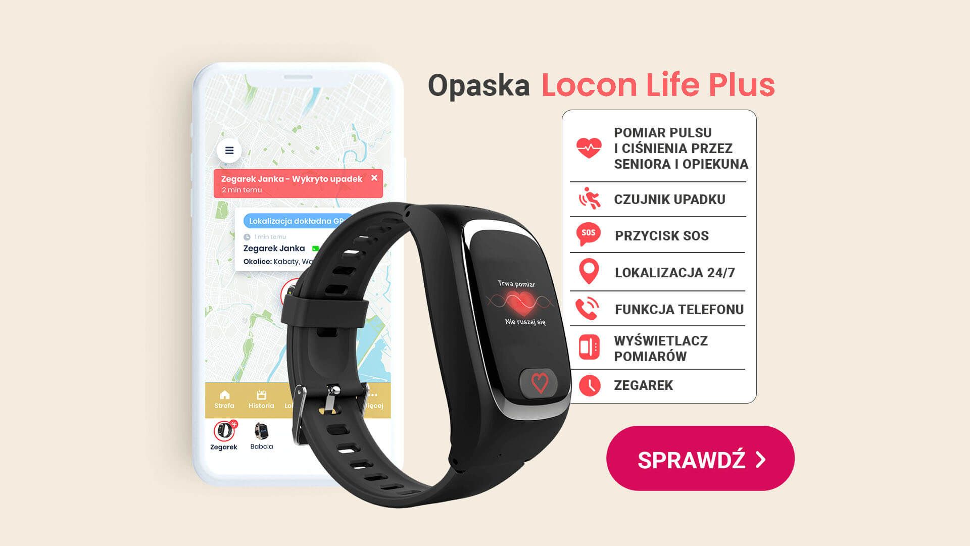 Czarna opaska SOS dla seniora Locon Life Plus z aplikacją Bezpieczna Rodzina