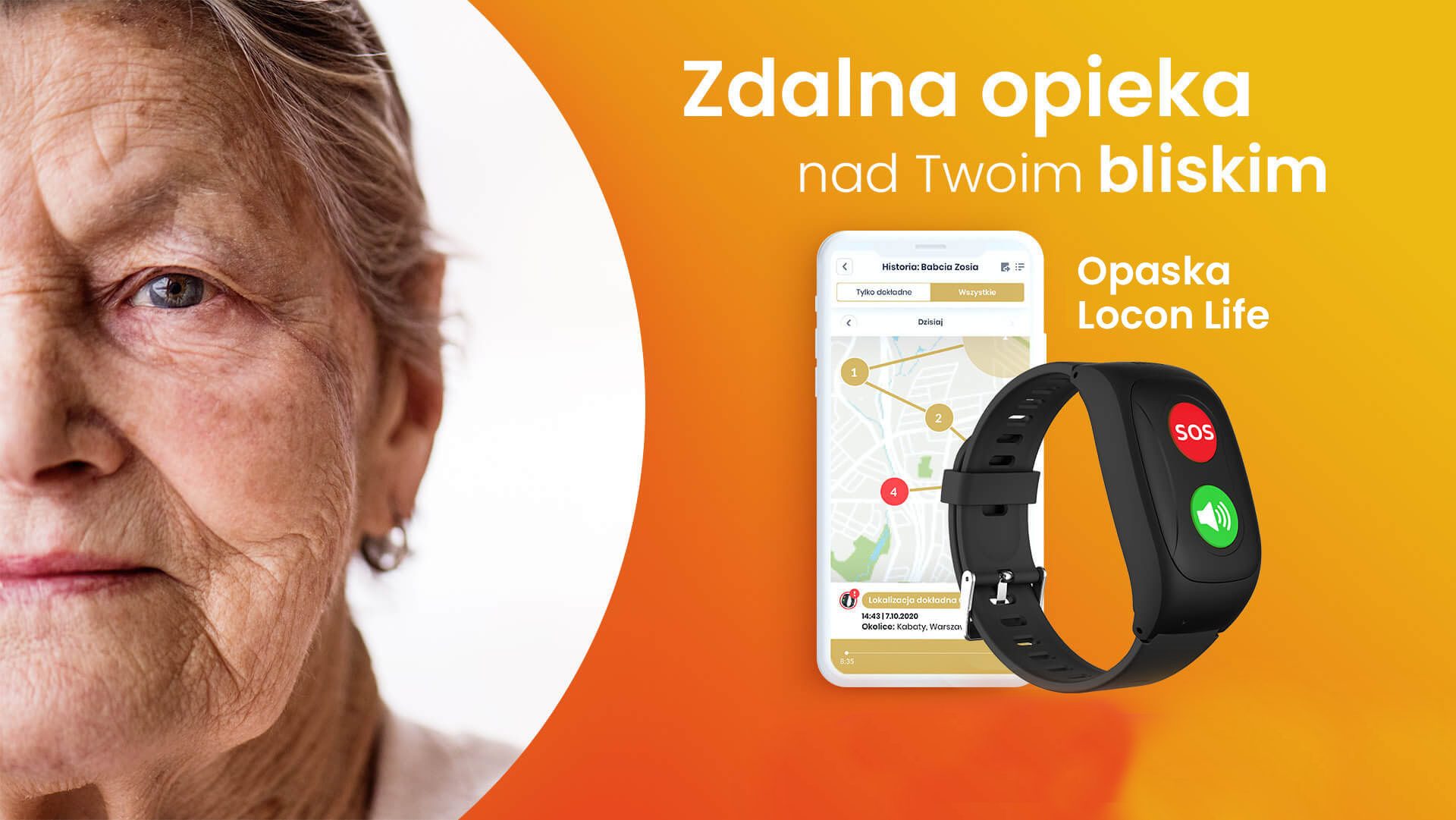 Opaska SOS Locon Life z alarmem SOS dla seniora oraz zdjęcie twarzy starszej kobiety