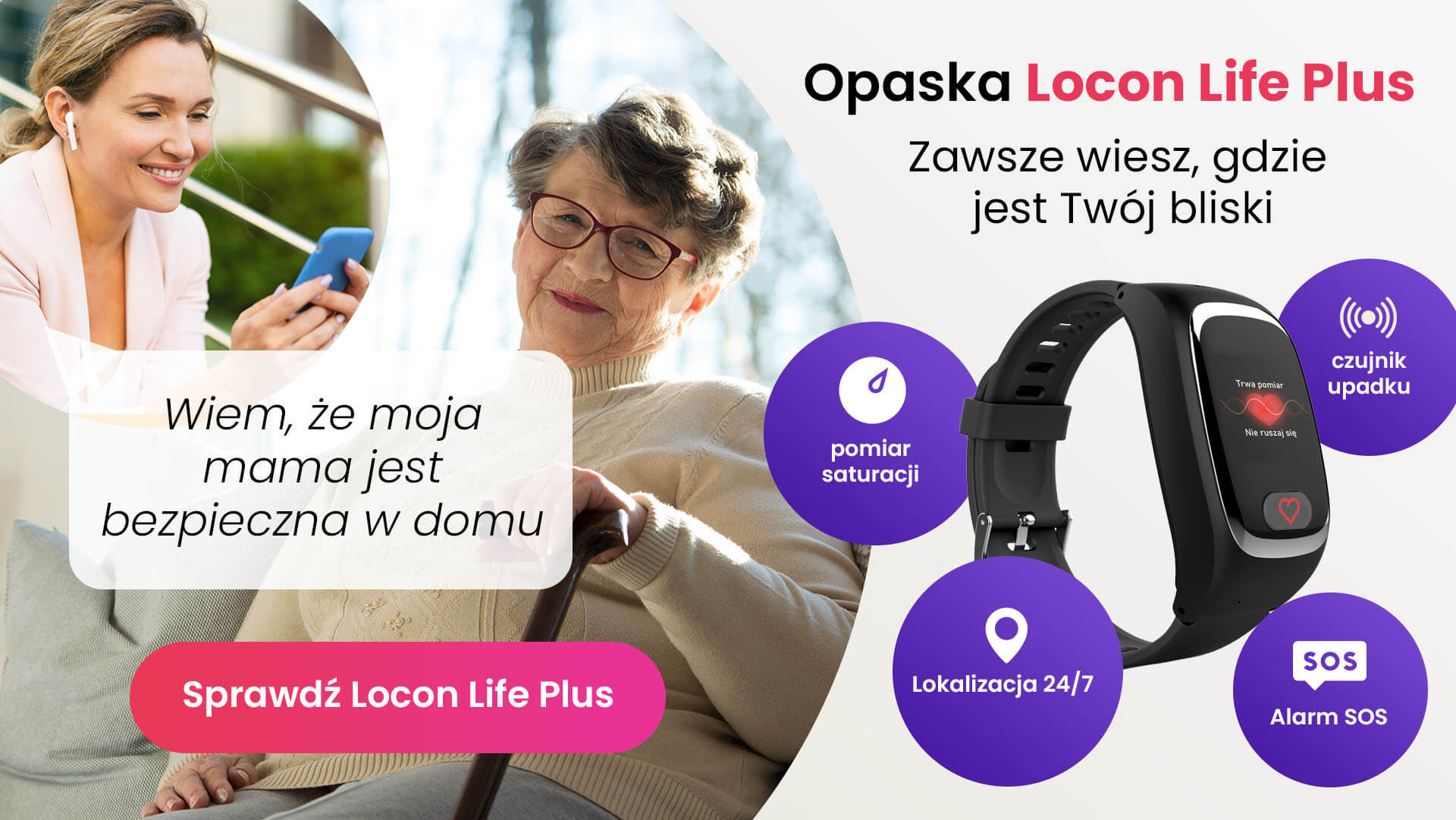 Młoda kobieta patrząca w telefon komórkowy i sprawdzająca, gdzie jest jej mama, oraz starsza uśmiechnięta kobieta siedząca w fotelu