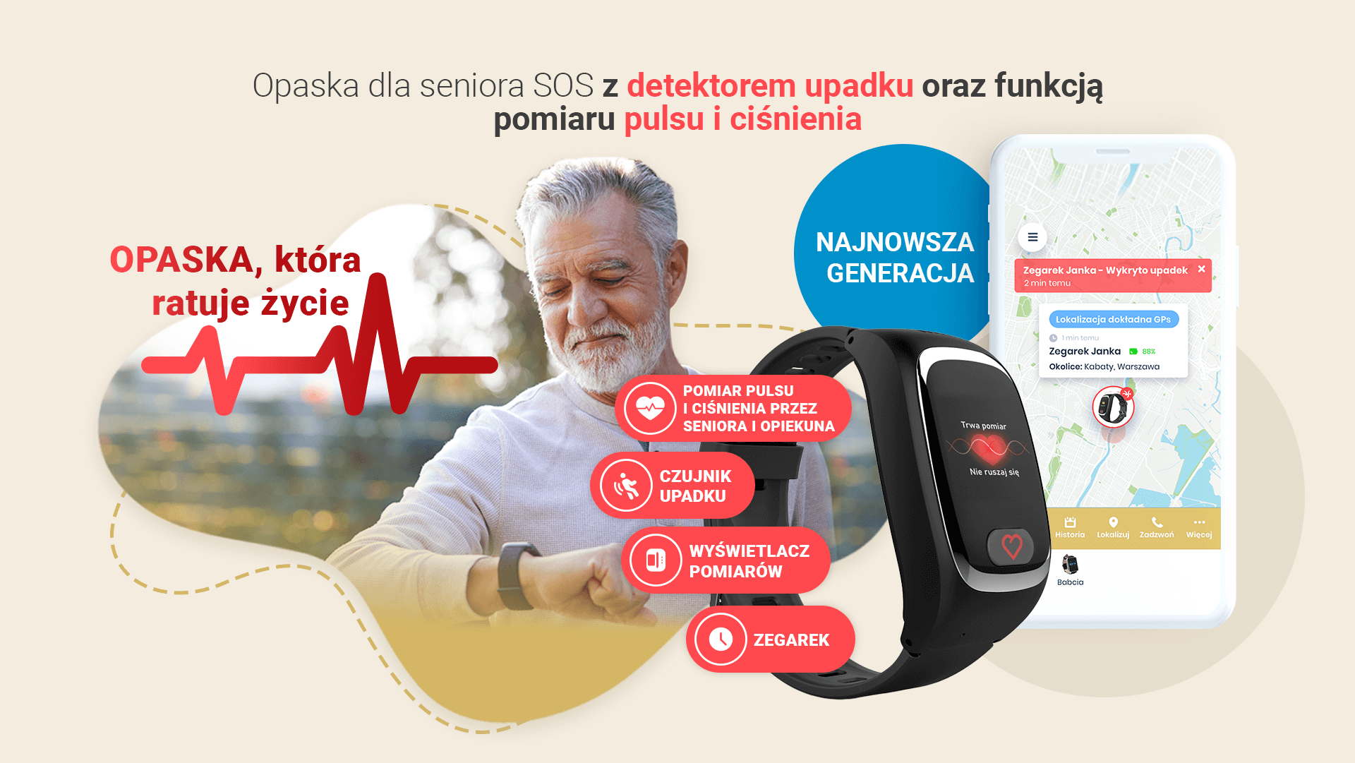 Senior z opaską SOS z czujnikiem upadku i pulsometrem LocoLife Plus