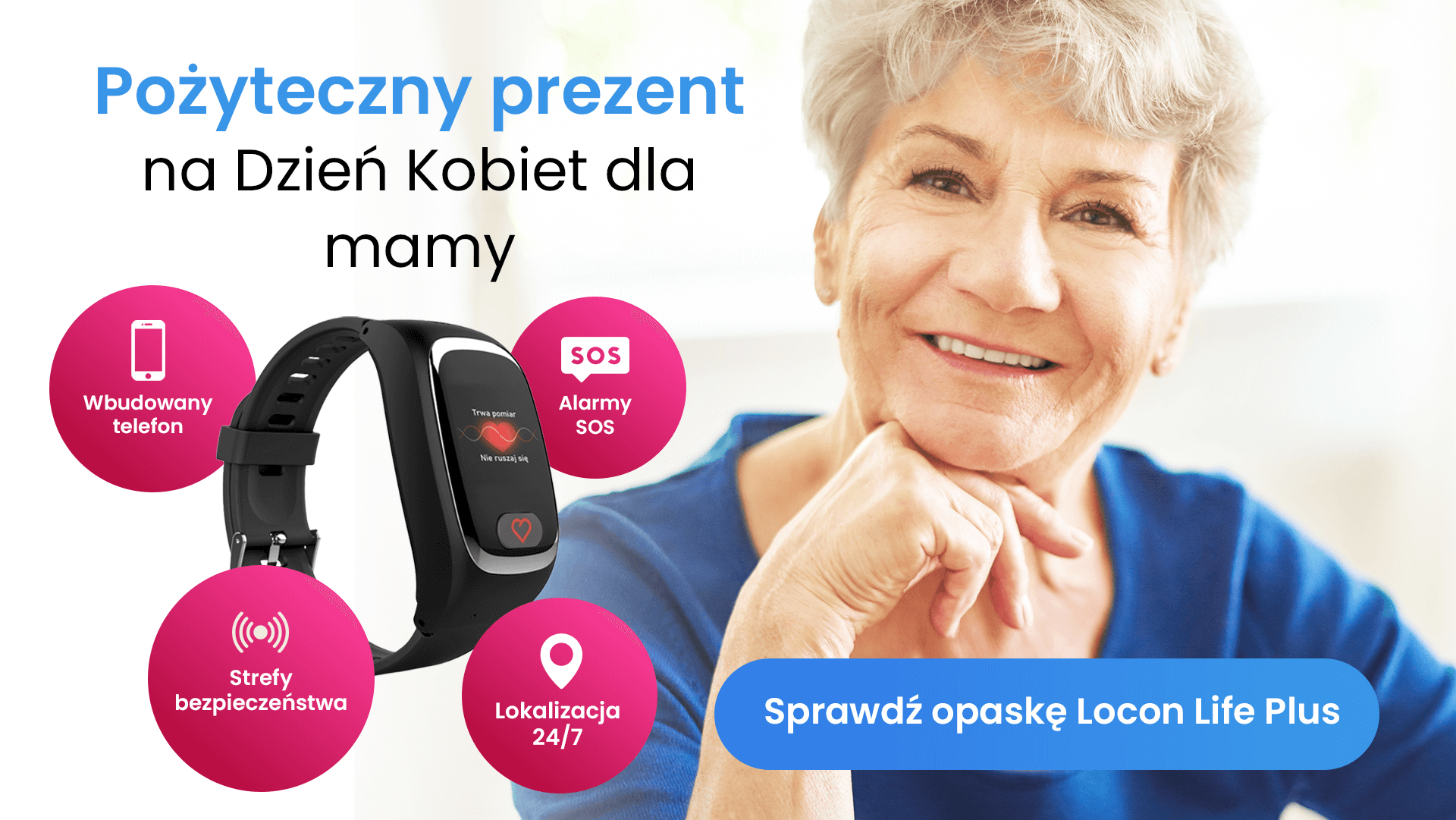 Starsza kobieta o siwych włosach z opaską Locon Life Plus na nadgarstku