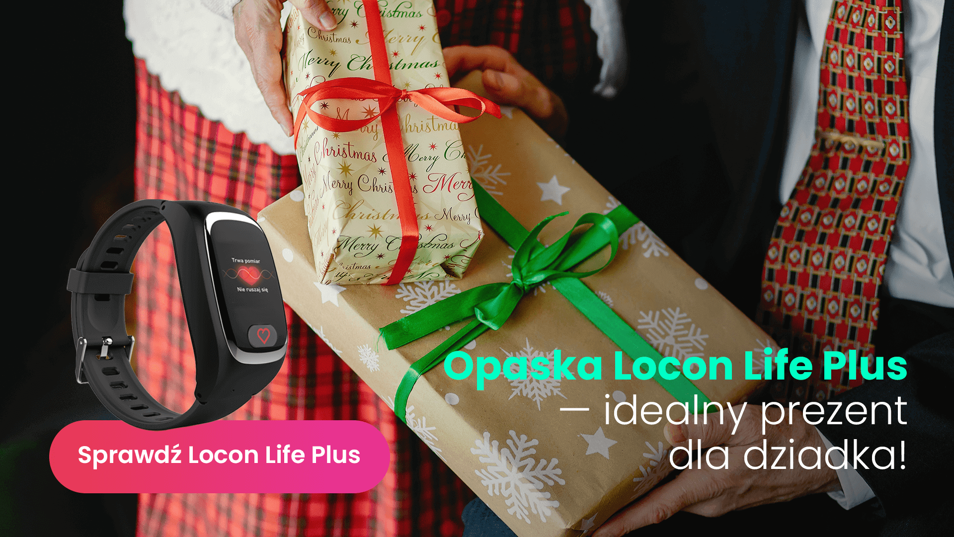 Spakowany w ozdobny papier prezent dla dziadka pod choinkę opaska SOS dla seniora Locon Life Plus