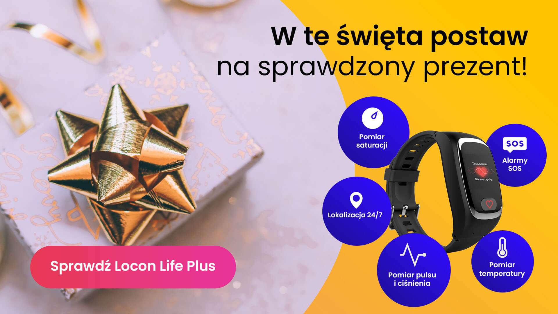 Pudełko prezentowe ze złotą kokardą i opaska SOS dla seniora Locon Life Plus na prezent