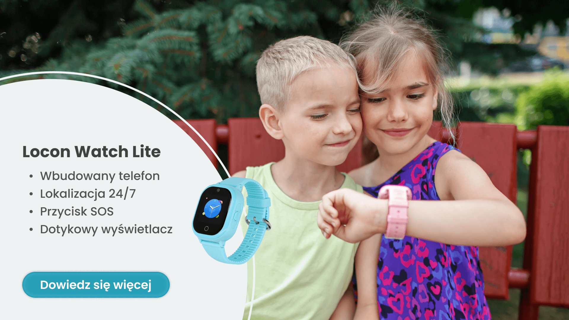 Prezent na komunię dla dziewczynki, top 5 produktów, czyli dziewczynka ze smartwatchem Locon Watch Lite pokazująca go chłopcu