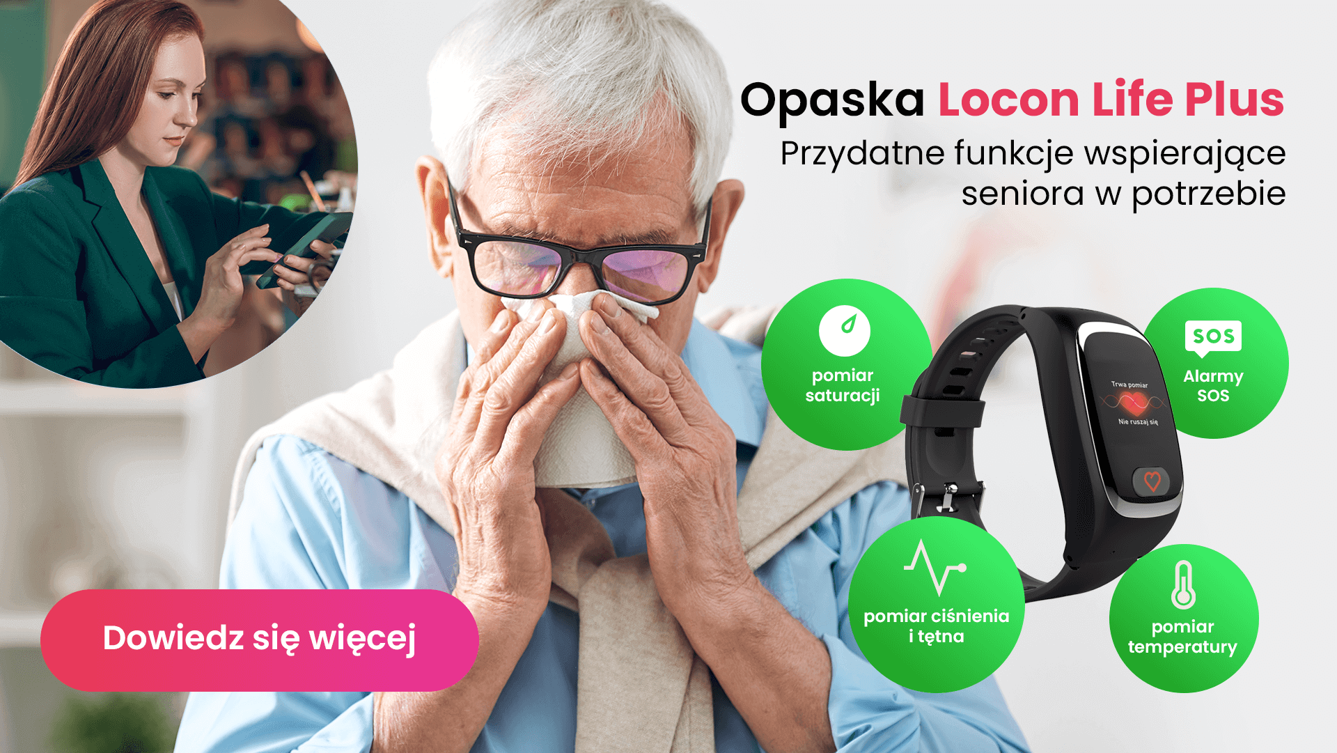 Przeziębienie, co zrobić, aby senior szybko poczuł się lepiej, czyli przeziębiony starszy mężczyzna z opaską Locon Life Plus na nadgarstku