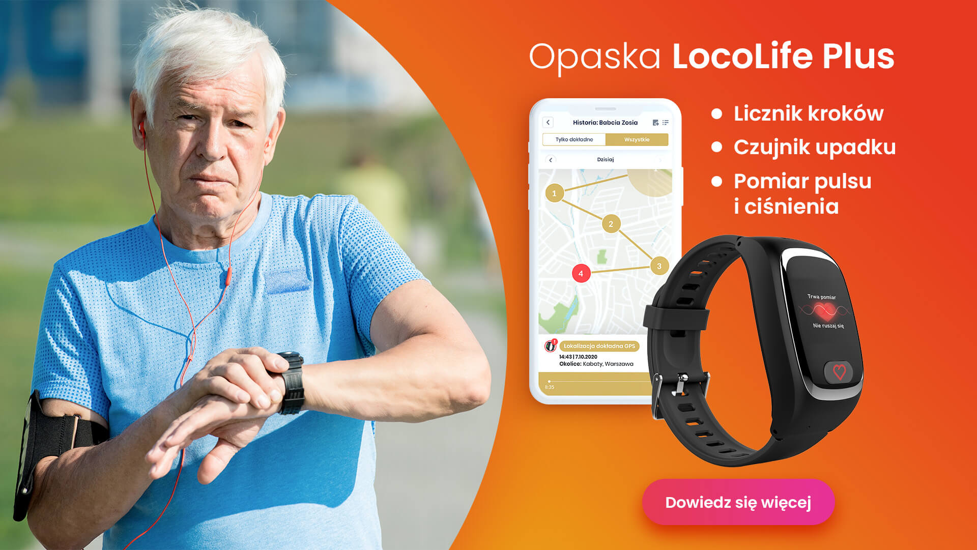 Senior uprawiający z port z opaską SOS na swoim nadgarstku