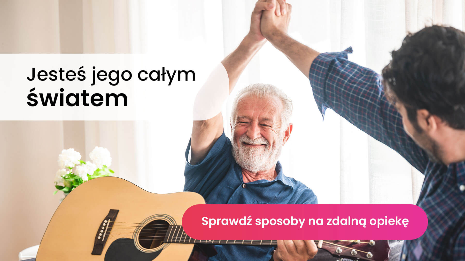 Senior trzymający gitarę, przybijający piątkę swojemu wnuczkowi