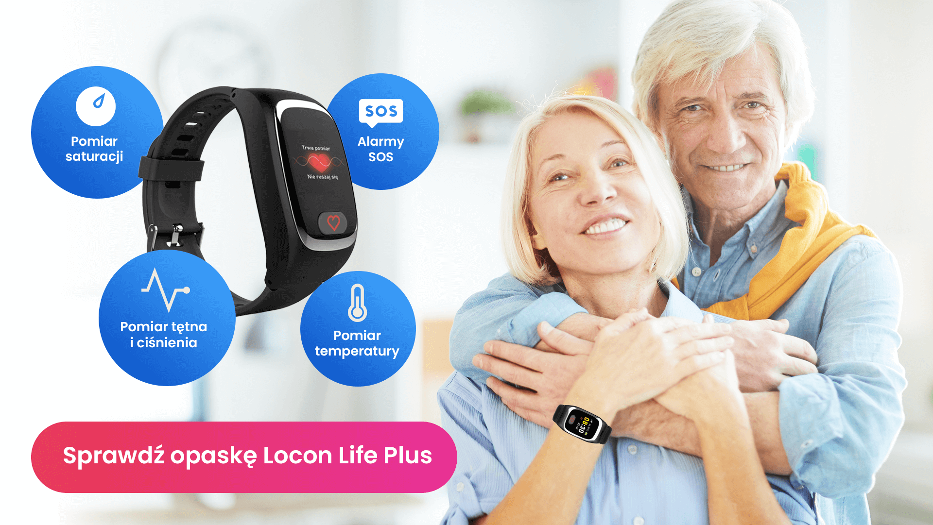 Starszy mężczyzna przytulający starszą kobietę i opaska SOS dla seniora Locon Life Plus