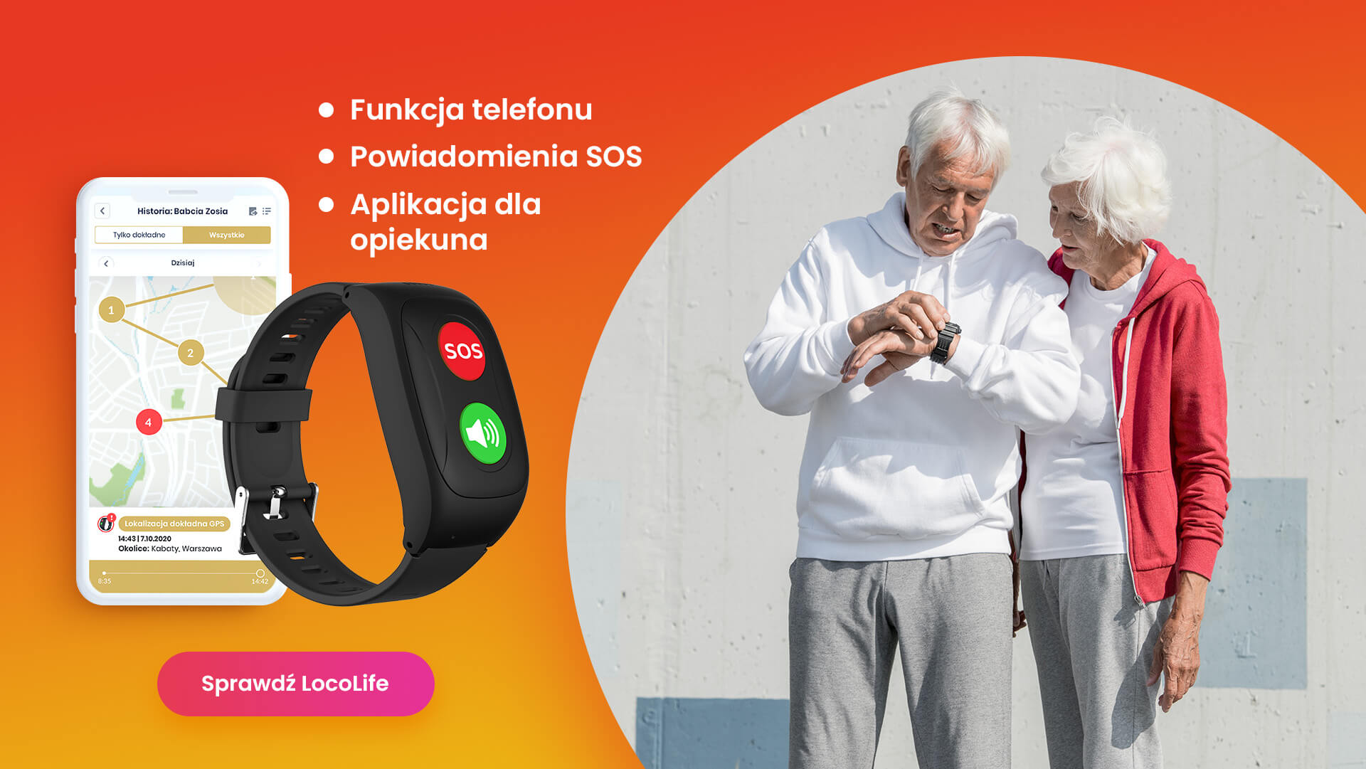 Smartband dla seniora, jak wybrać odpowiedni, czyli para starszych osób uprawiająca sport i patrząca na smartwatch na dłoni mężczyzny