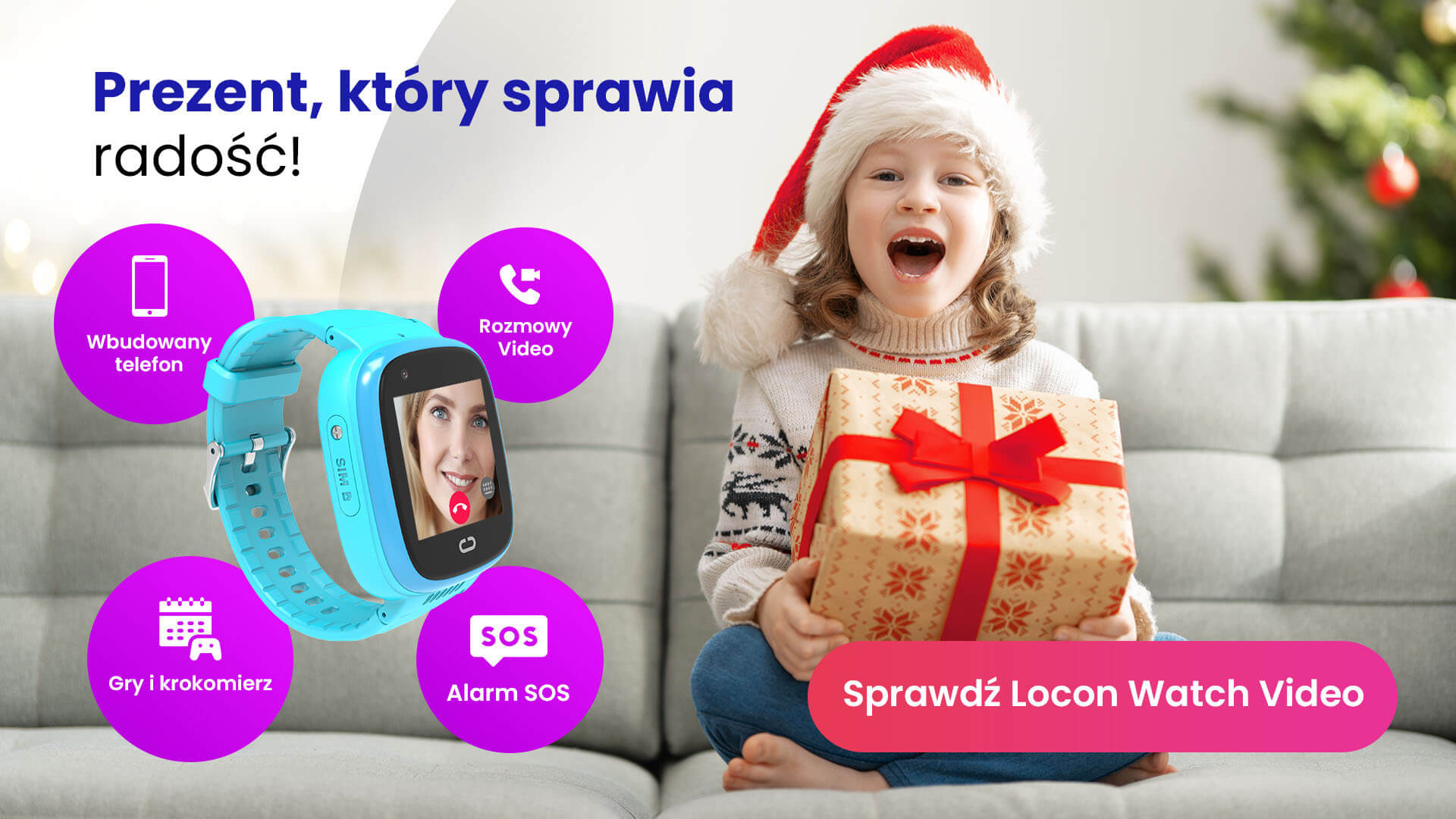 Kilkuletnia dziewczynka w czapce Mikołaja, siedząca na sofie z zegarkiem GPS dla dziecka Locon Watch Video