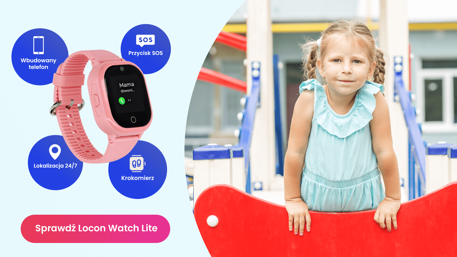 Kilkuletnia dziewczynka na placu zabaw z zegarkiem GPS Locon Watch Lite